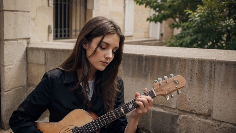 Crée une image d'une femme musicienne, avec une guitare ou un piano.