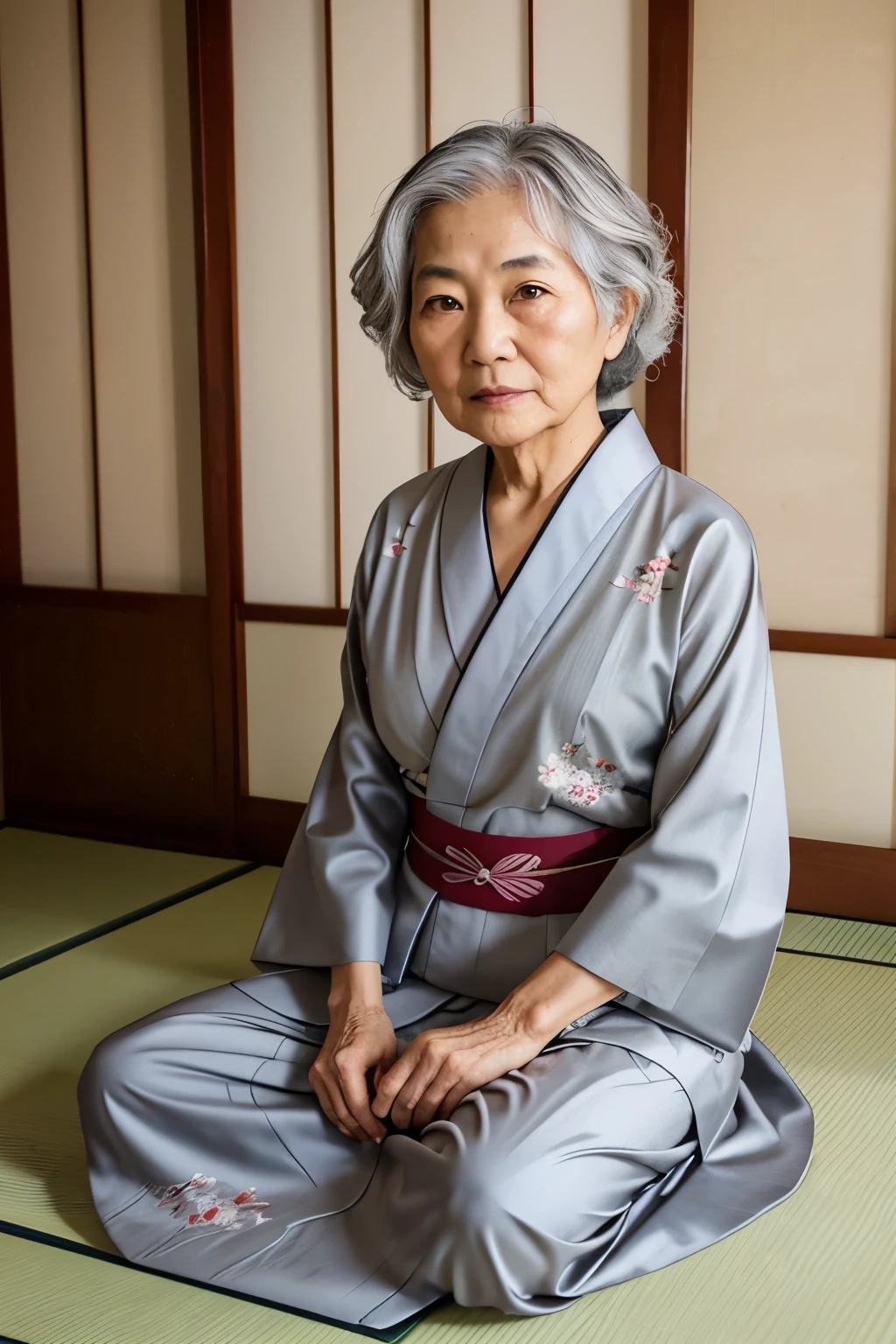 80 year old Japanese grandma、gray hair、wavy short hair、Slim body full of wrinkles、She is wearing a traditional Japanese kimono with a floral pattern.、Sitting on my knees in a Japanese-style room