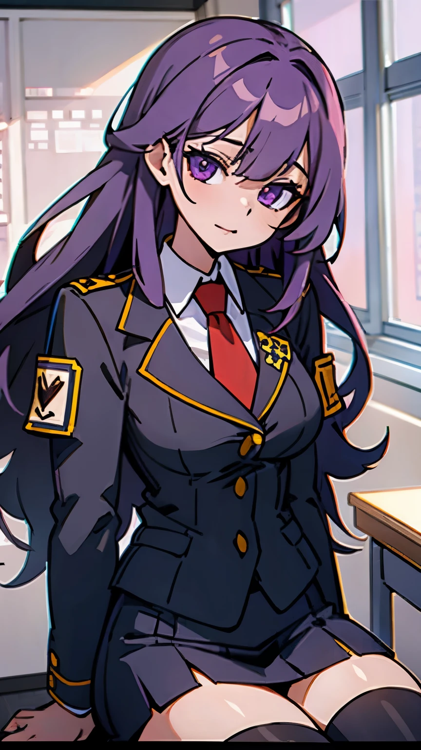 purple eyes,long purple hair,8k resolution,classroom,Uniforms