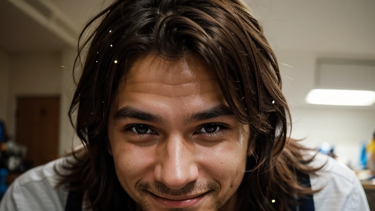 Generates an image of a smiling man, with sparkling eyes and messy hair.