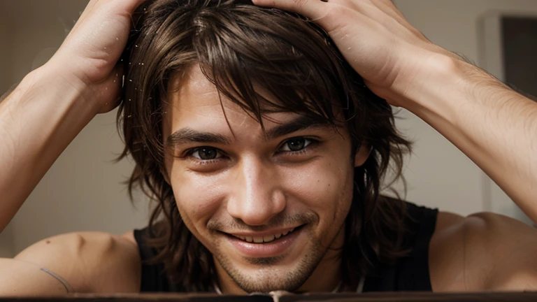 Generates an image of a smiling man, with sparkling eyes and messy hair.