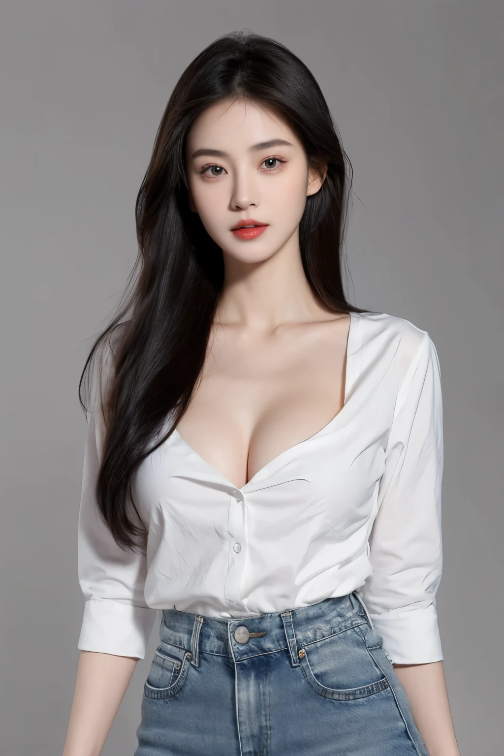 (lifelike,high resolution:1.3), A slim girl, The face shape and eyes are super delicate,black hair,red glossy lips,(beautiful face), (best quality), (Super detailed), (Extremely detailed CG unified 8k wallpaper),((shirt)),(White background),(A little cleavage),(Model photo),sexy look,big eyes,(standing),(denim skirt),Eyes look at the audience,soft breasts,very realistic breasts,Straight chest,Character centered,black hair,Model posing,(Slim waistline)
