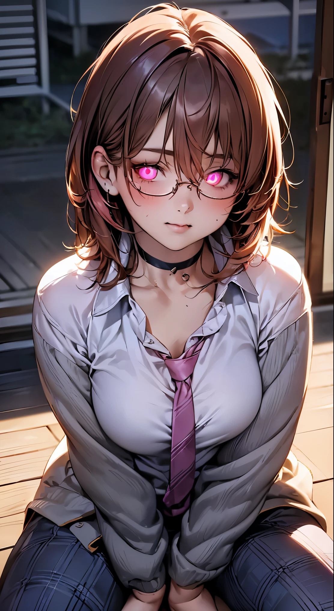(masterpiece:1.2, highest quality), (realistic, photorealistic:1.4), beautiful illustrations,
looking at the viewer, whole body, Front view:0.6,
1 female, Japanese, high School girl, ((medium hair:1.5)), blown hair, bangs, hair between eyes, big breasts:0.8,
beautiful hair, beautiful face, (Pink glowing eyes:1.6), beautiful and detailed eyes, beautiful clavicle, (Chubby body type:1.5), beautiful breasts, beautiful thighs, beautiful feet, beautiful fingers,
(beautiful scenery), , School,
((white shirt , gray plaid jacket and pants, Blue plaid tie, round glasses, choker)), (put your hand on your chest, hand between legs), blush