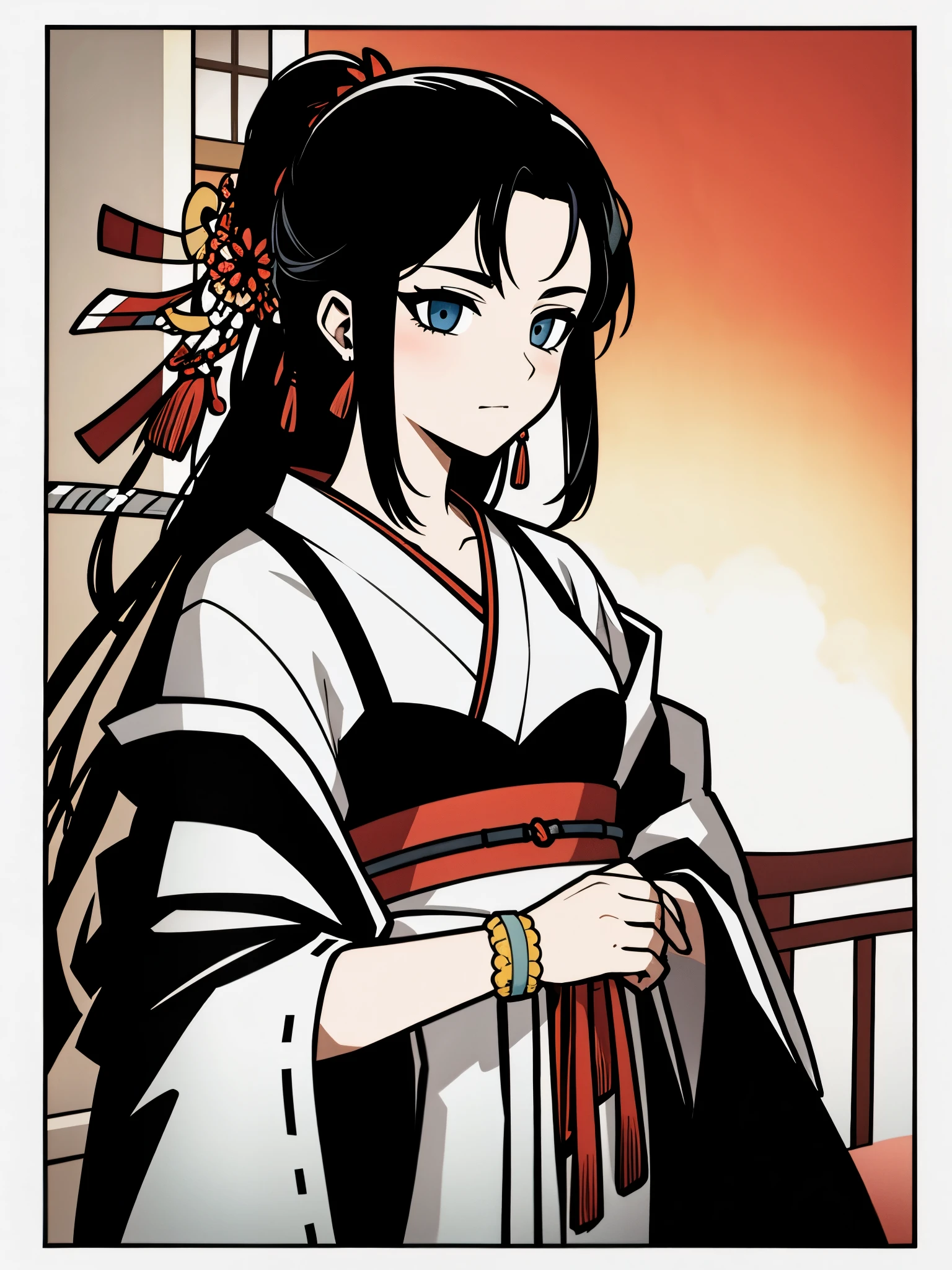 ((Masterpiece:1.2, highest quality, correct anatomy, absurdres)), Samurai, woman, mature:1.4, feminine face:1.2, long hair tied up, black kimono, wary expression, marketplace background, Japanese architecture, bamboo