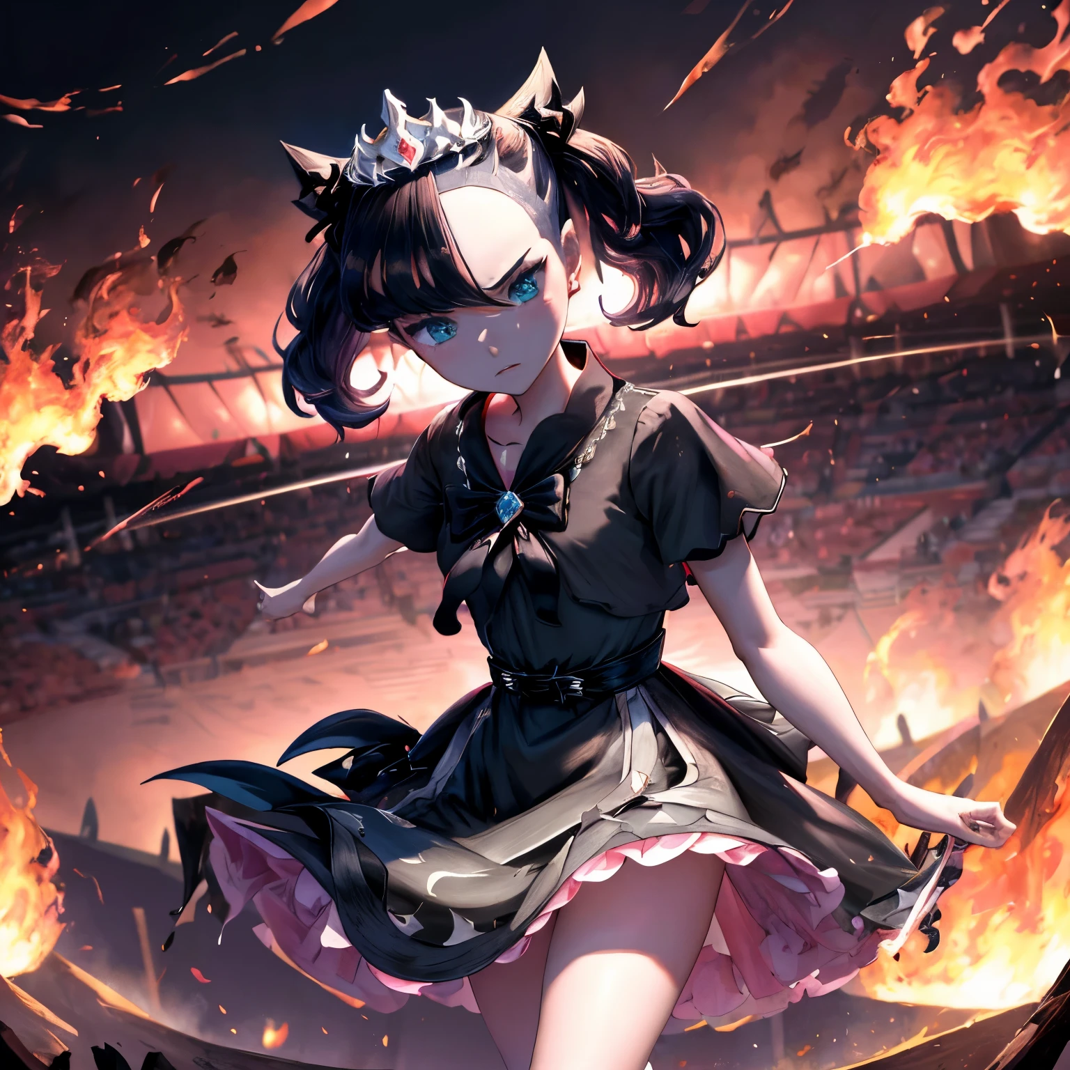masterpiece, best quality, highres, hmmarnie, aqua eyes, black ribbon, tiara, earrings, jewelry, belt, black dress, pink dress, short sleeves, bow, standing, cowboy shot, neo champion, blush, extreme background, flames, stadium, powerful pose,