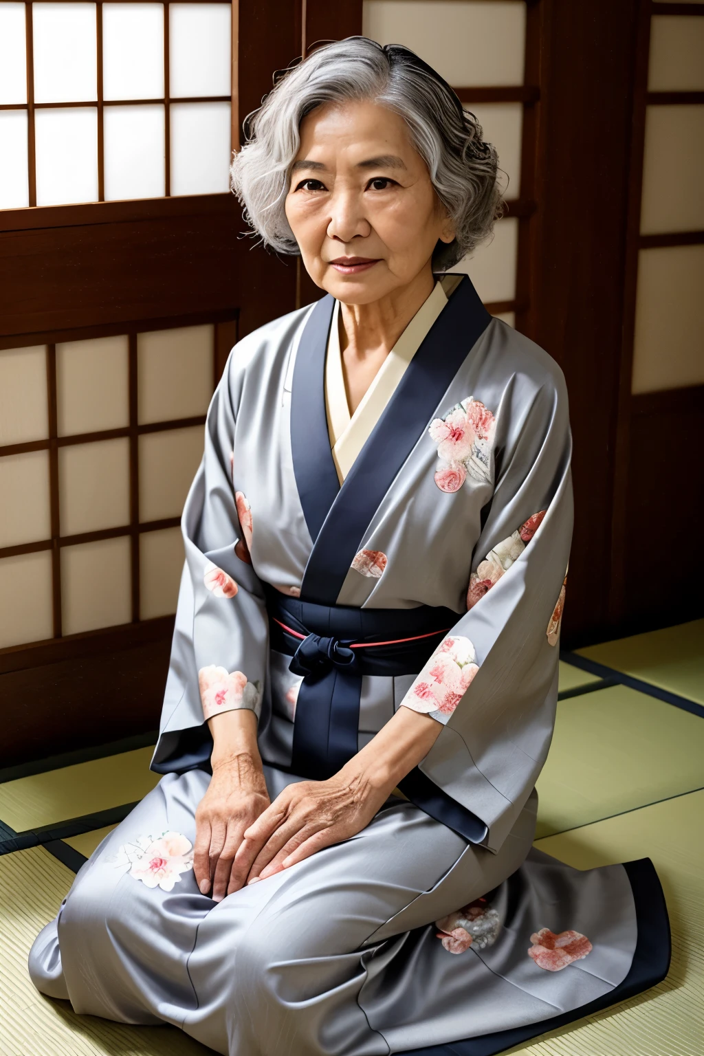 80 year old Japanese grandma、gray hair、wavy short hair、Slim body full of wrinkles、She is wearing a traditional Japanese kimono with a floral pattern.、Sitting on my knees in a Japanese-style room