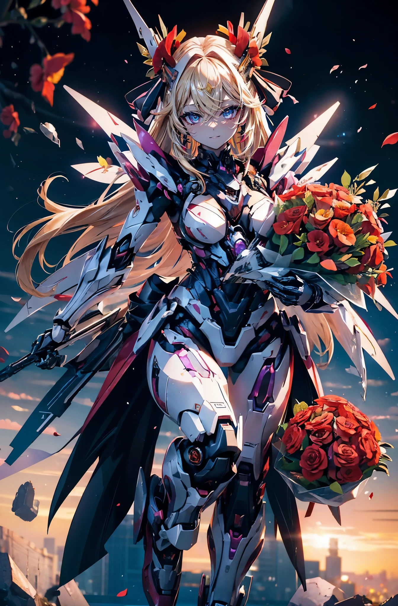 hyper quality、8K quality、High resolution、Image quality taken with a single-lens reflex camera、perfect anatomy、purple eyes、with an evil smile、mecha girl、villain、blonde、combined robot、beautiful girl、Mechanical parts with a three-dimensional feel、BREAK、(Carrying a bouquet filled with colorful flowers, including red flowers.:1.5)(perfect anatomy:1.4)
