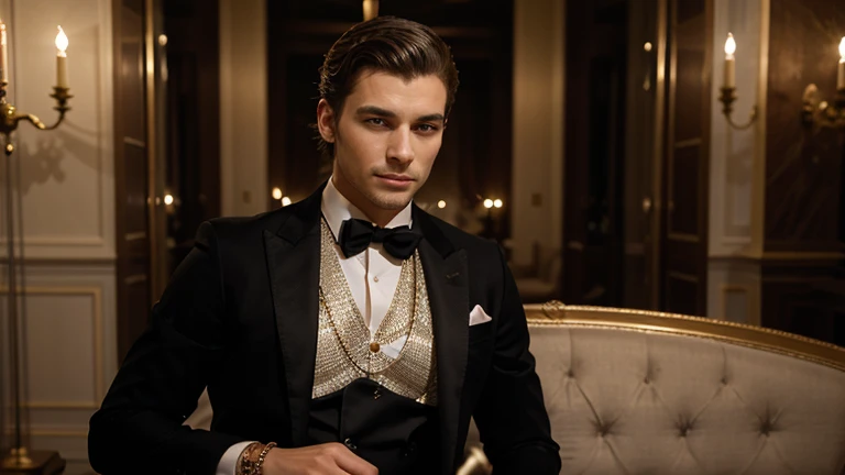 Creates an image of an elegant man, avec un costume de soirée et des bijoux étincelants.