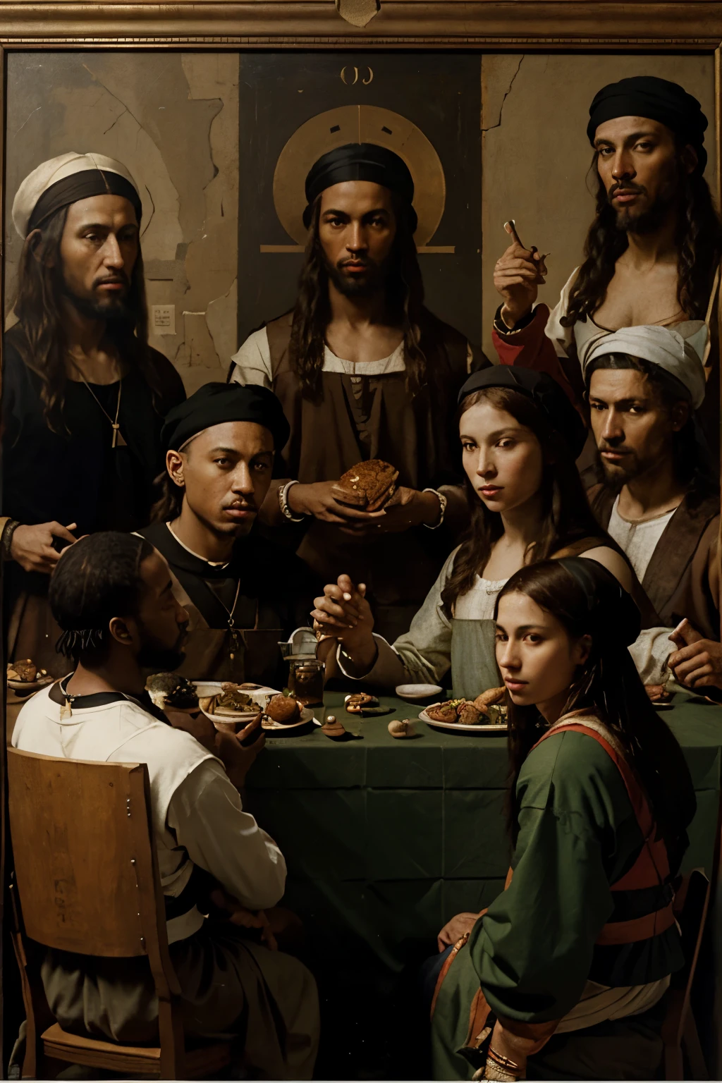 A Renaissance group portrait oil painting of modern hip-hop stars at the last supper, full table, by Giovanni Bellini and Leonardo da Vinci