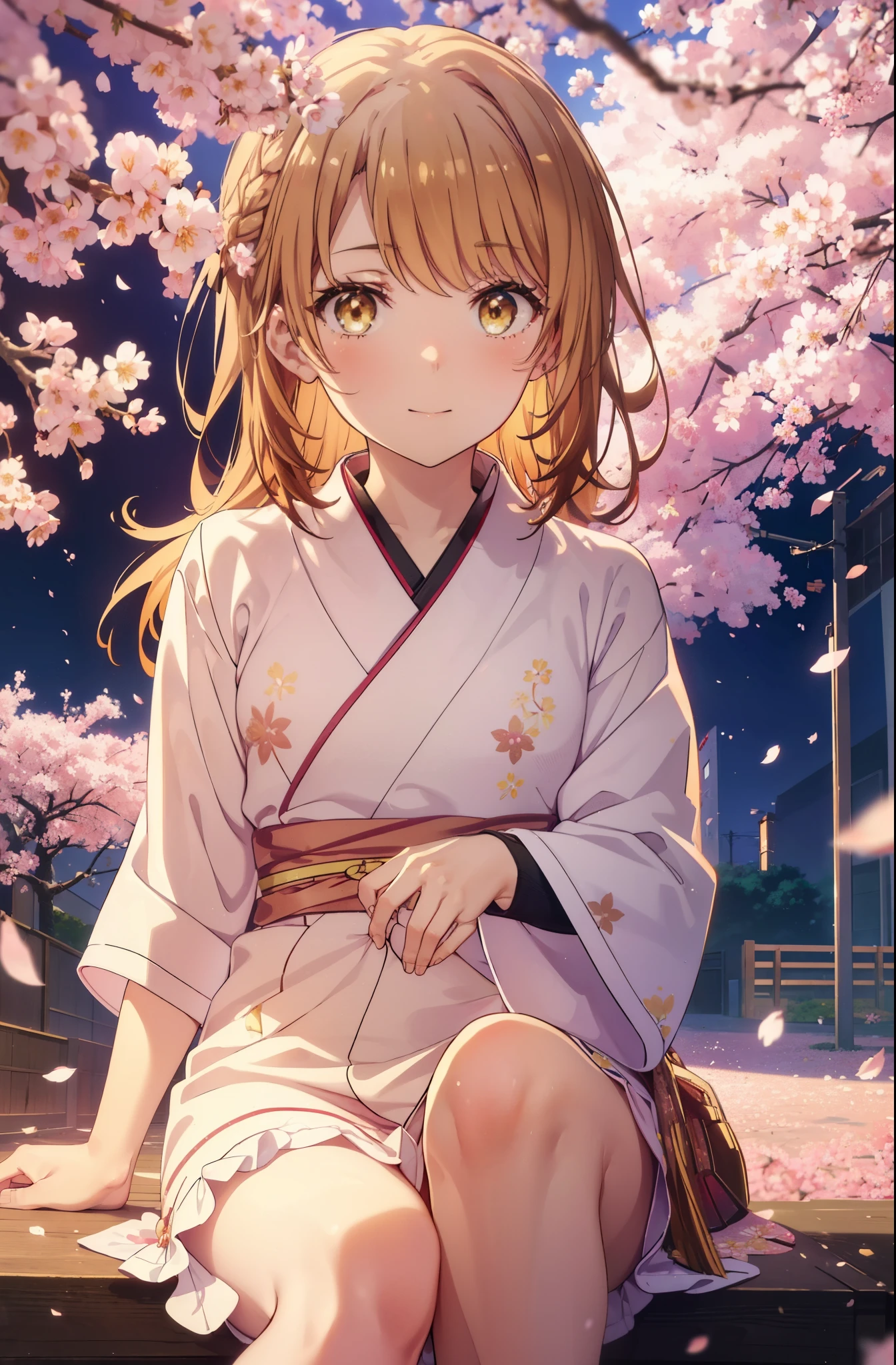 irohaisshiki, iroha isshiki, long hair, short braided hair,headlock,cherry blossom hair ornament,brown hair, (brown eyes:1.5), smile,blush,yellow floral pattern yukata,Zori sandals,Cherry blossom tree-lined path,cherry blossoms are blooming,Cherry blossoms are scattered,noon,spring,pink scenery,
break outdoors, garden,
break looking at viewer,
break (masterpiece:1.2), highest quality, High resolution, unity 8k wallpaper, (figure:0.8), (detailed and beautiful eyes:1.6), highly detailed face, perfect lighting, Very detailed CG, (perfect hands, perfect anatomy),