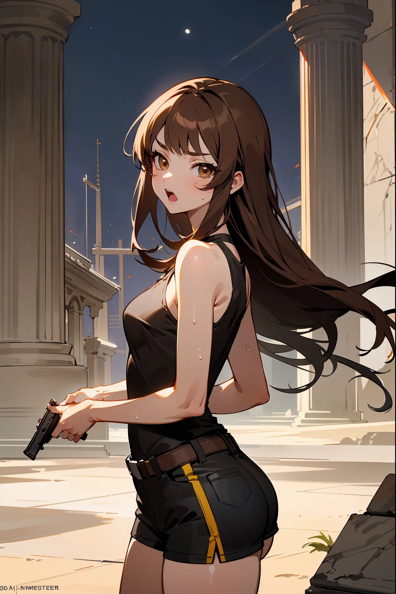 ((fine lineart)), (masterpiece,best Quality),extremely beautiful detai led anime face and eyes,cowboy shot,gal.safetensors,20-year-old、Beauty,female explorer、solo, brown hair,long hair,brown eyes,Small open mouth、slender body,very small head、medium breasts,brown skin,gleaming skin,oily skin,shiny skin,sweat,squat、fighting stance、shooting、black tactical vest、hold an automatic rifle with both hands、black tight tank top、white micromini shorts,ancient ruins of central and south america、ancient stone architecture、moonlight、at night、
