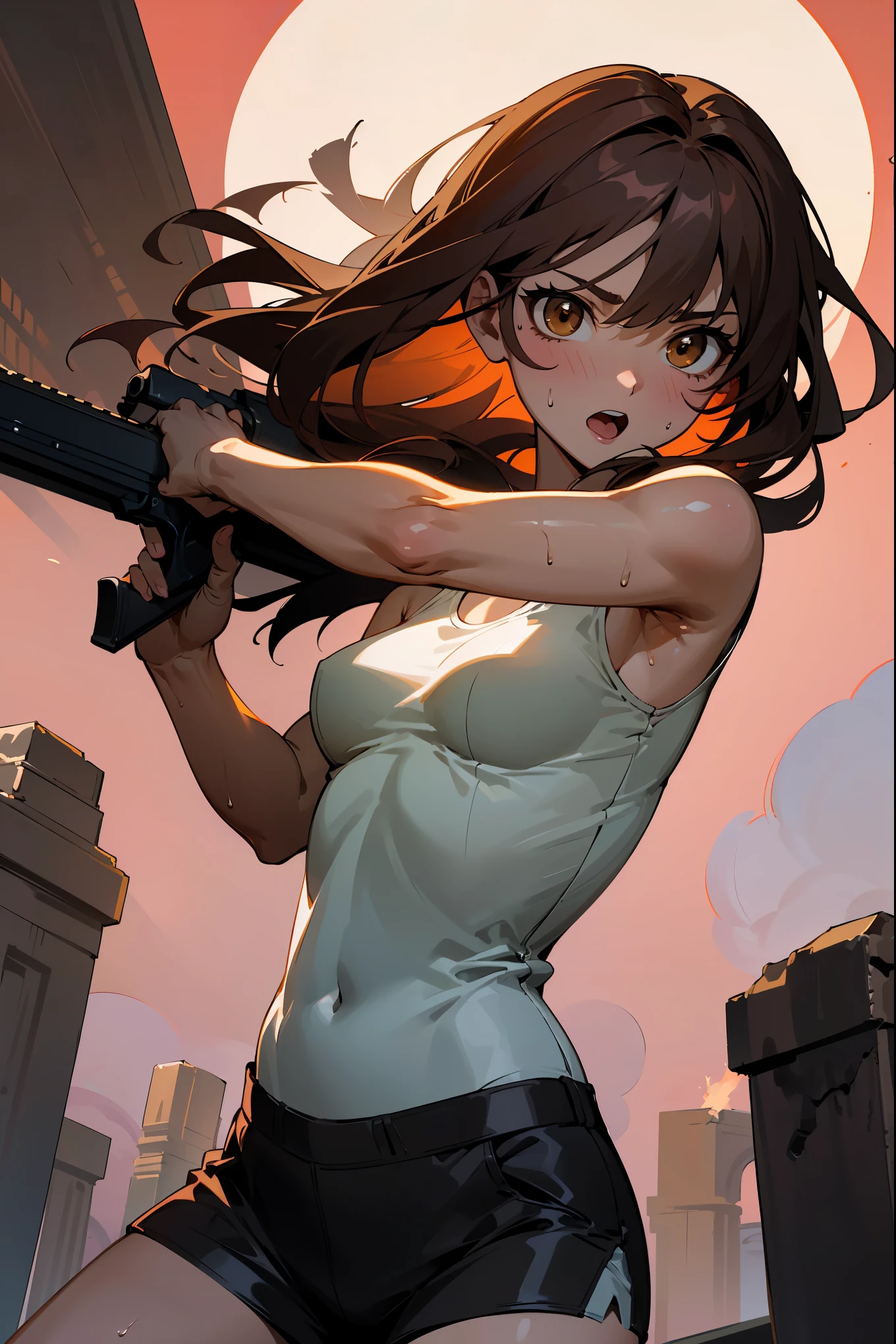 ((fine lineart)), (masterpiece,best Quality),extremely beautiful detai led anime face and eyes,cowboy shot,gal.safetensors,20-year-old、Beauty,female explorer、solo, brown hair,long hair,brown eyes,Small open mouth、slender body,very small head、medium breasts,brown skin,gleaming skin,oily skin,shiny skin,sweat,squat、fighting stance、shooting、black tactical vest、hold an automatic rifle with both hands、black tight tank top、white micromini shorts,ancient ruins of central and south america、ancient stone architecture、moonlight、at night、