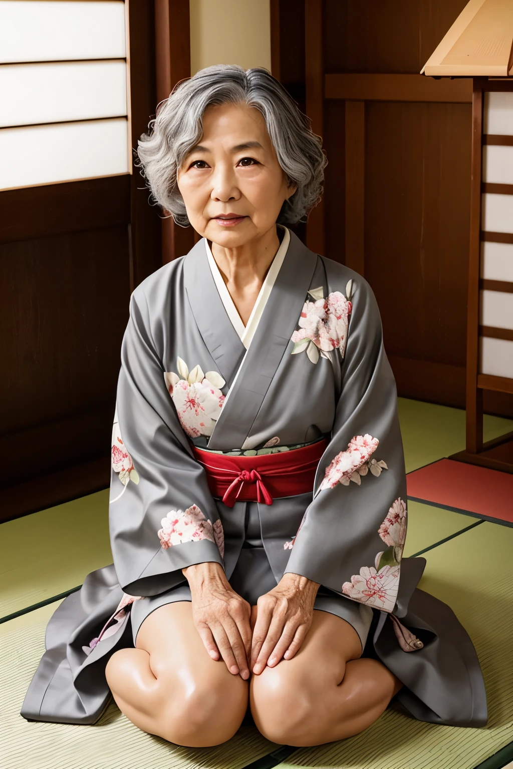 80 year old Japanese grandma、gray hair、wavy short hair、Slim body full of wrinkles、She is wearing a traditional Japanese kimono with a floral pattern.、Sitting on my knees in a Japanese-style room