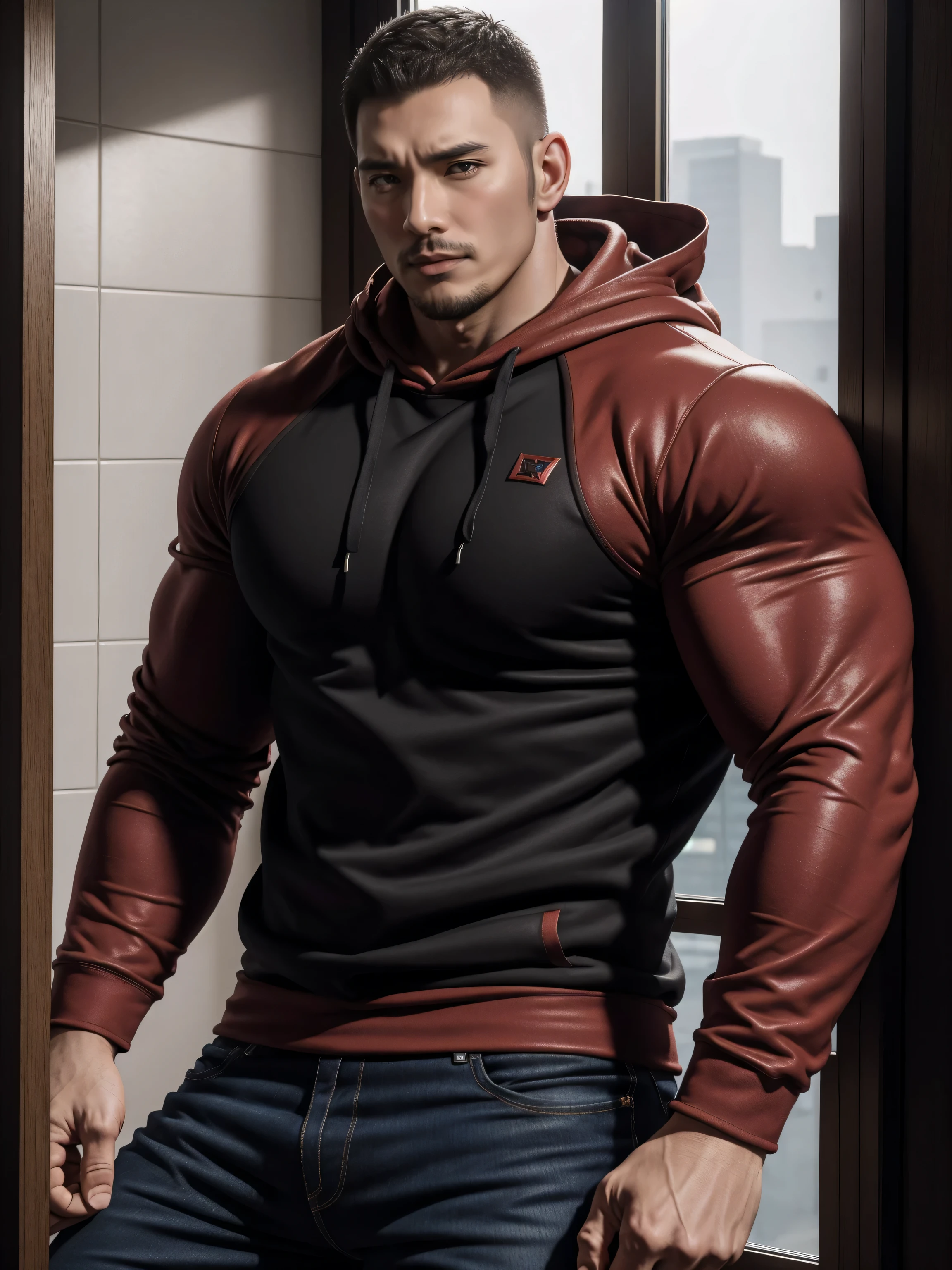 Tall giant muscular肌肉男,红色和黑色连帽Sweatshirt,Sweatshirt,jeans,character concept(Resident Evil - chris redfield,chris redfield)proud expression,Deep and charming eyes,heroic male pose,高大burly,muscular!muscular大腿,tough guy,perfect facial features,High, burly, Heqiang, Super gain and cool, high resolution committee,Charming strong man,The bright sunshine shines on you through the window