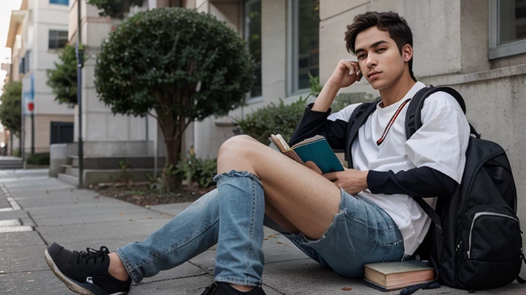 Creates an image of a male student, with a backpack and books.