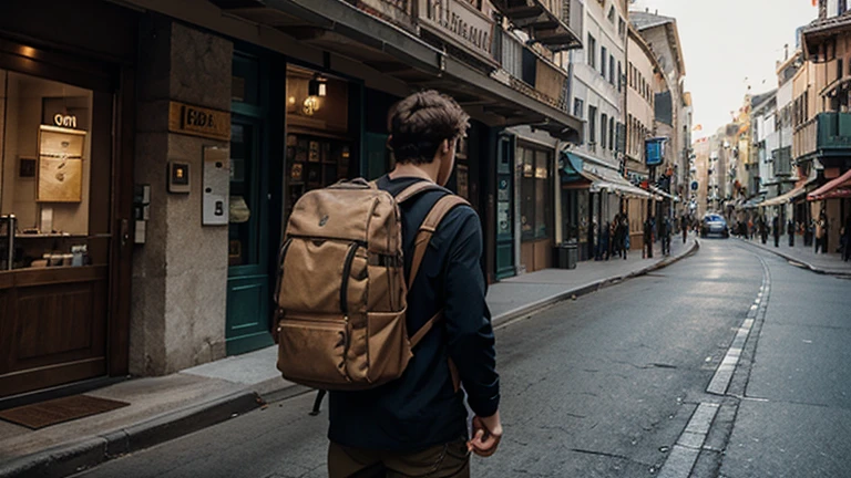 Generates an image of a traveling man, with a backpack and a map.