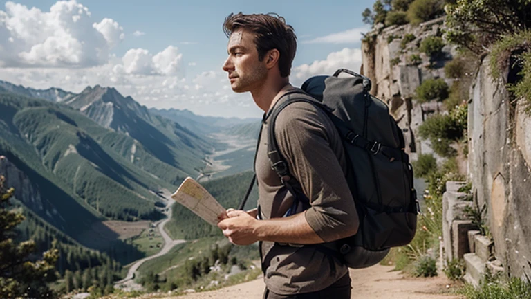 Generates an image of a traveling man, with a backpack and a map.
