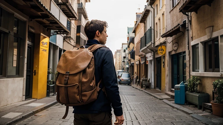 Generates an image of a traveling man, with a backpack and a map.