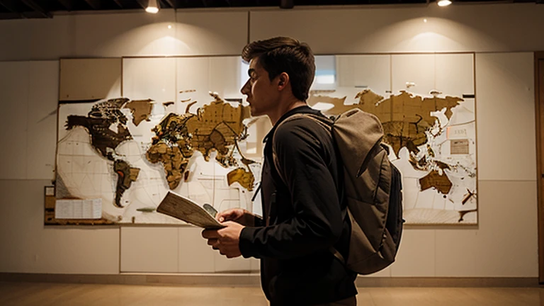 Generates an image of a traveling man, with a backpack and a map.