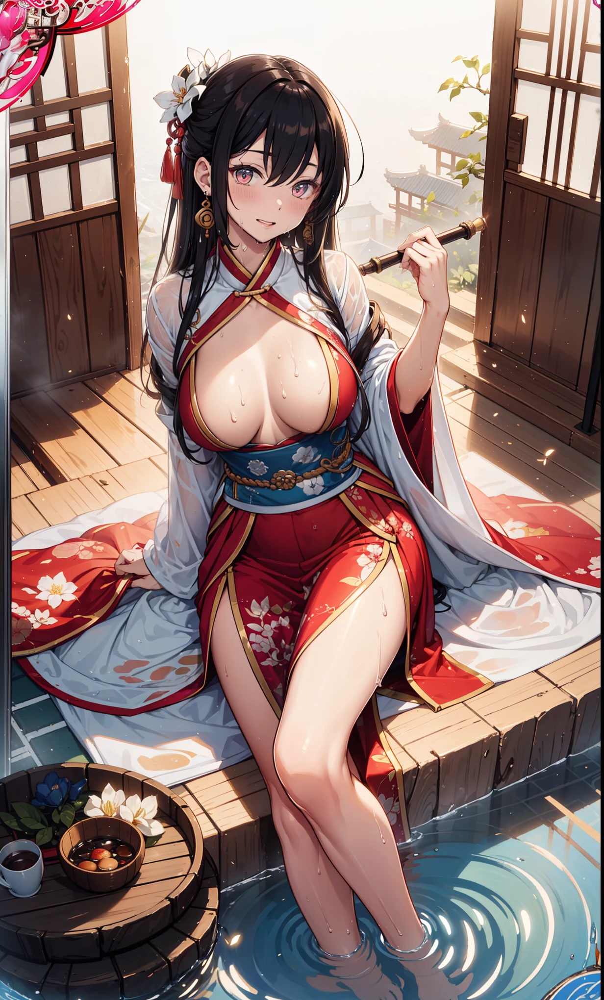 top quality，best resolution，Various combinations of Hanfu，long transparent skirt，long sheer sleeves，medium chest，Super detailed, She has long pink curly hair，20 year old girl，light eyes，she has earrings,  she has plump lips, Vision, Vision，Raised sexy，arch downward，((Sheer transparent skirt)),((soaking wet，Adjacent to ancient Chinese hot springs))，light，posture