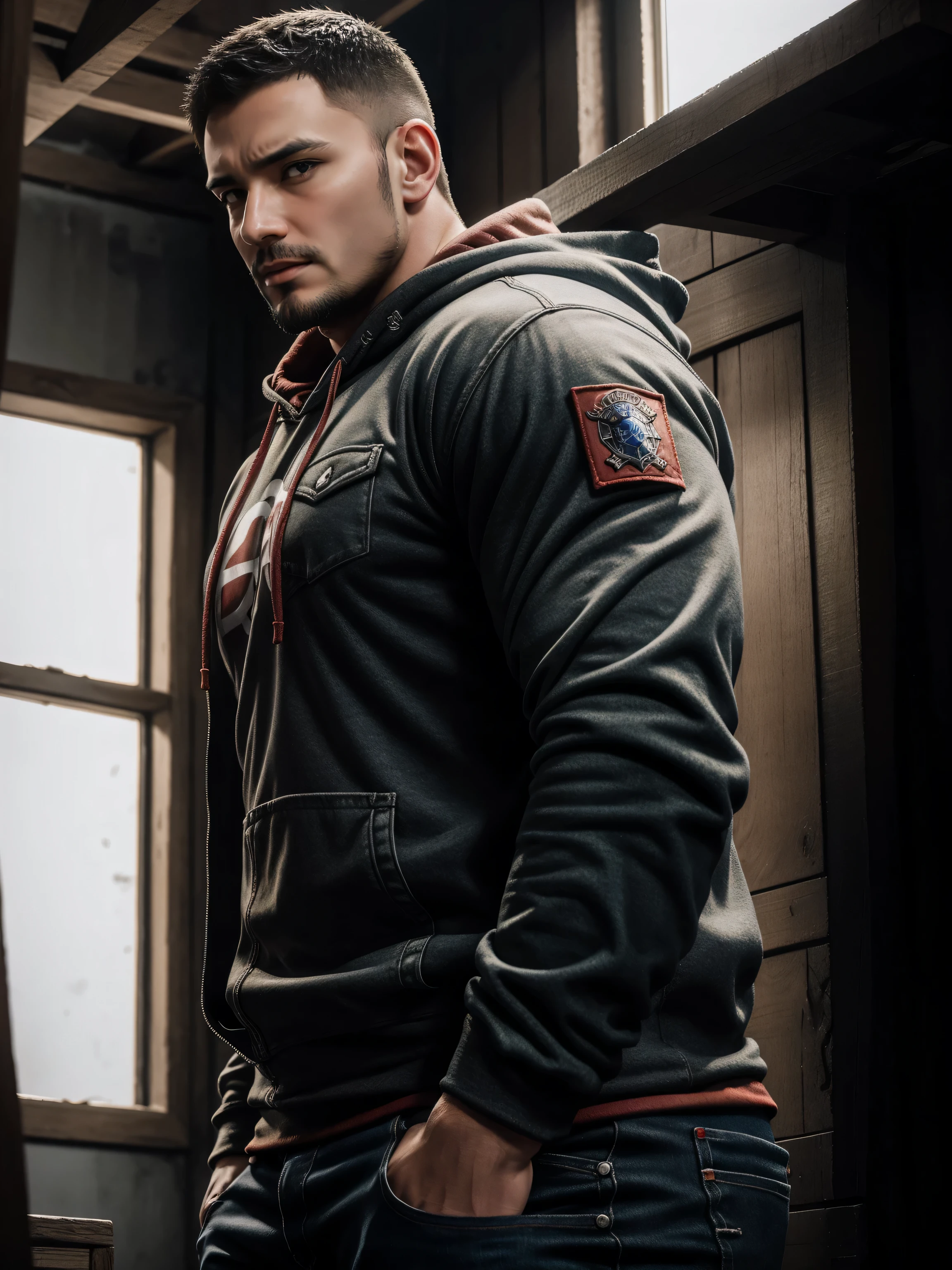Tall giant muscular肌肉男,红色和黑色连帽Sweatshirt,Sweatshirt,jeans,character concept(Resident Evil - chris redfield,chris redfield)proud expression,Deep and charming eyes,heroic male pose,高大burly,muscular!muscular大腿,tough guy,perfect facial features,High, burly, Heqiang, Super gain and cool, high resolution committee,Charming strong man,The bright sunshine shines on you through the window