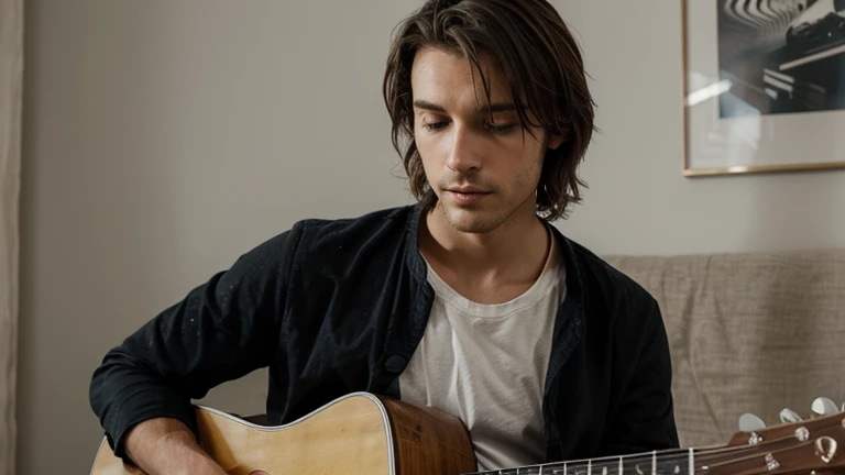 Crée une image d'un homme musicien, avec une guitare ou un piano.