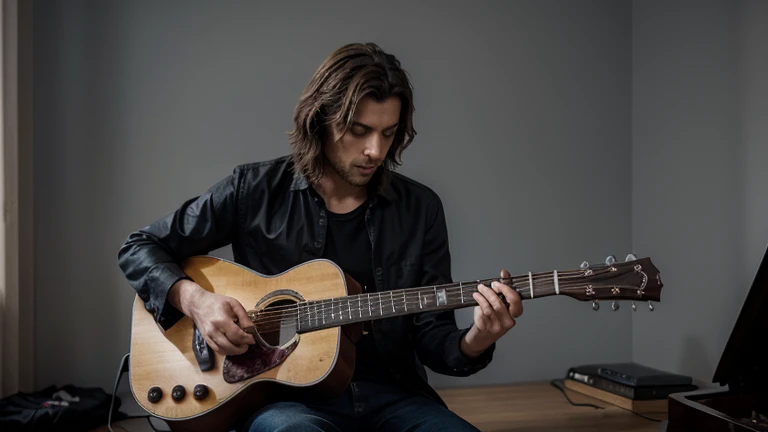 Crée une image d'un homme musicien, avec une guitare ou un piano.