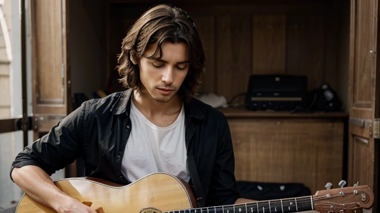Crée une image d'un homme musicien, avec une guitare ou un piano.