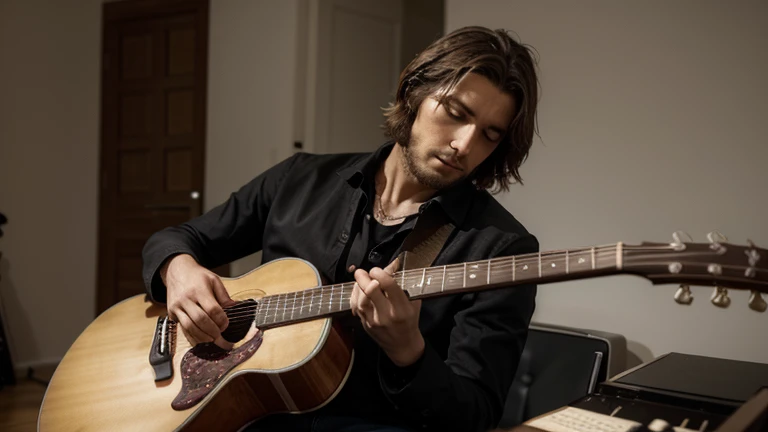 Crée une image d'un homme musicien, avec une guitare ou un piano.