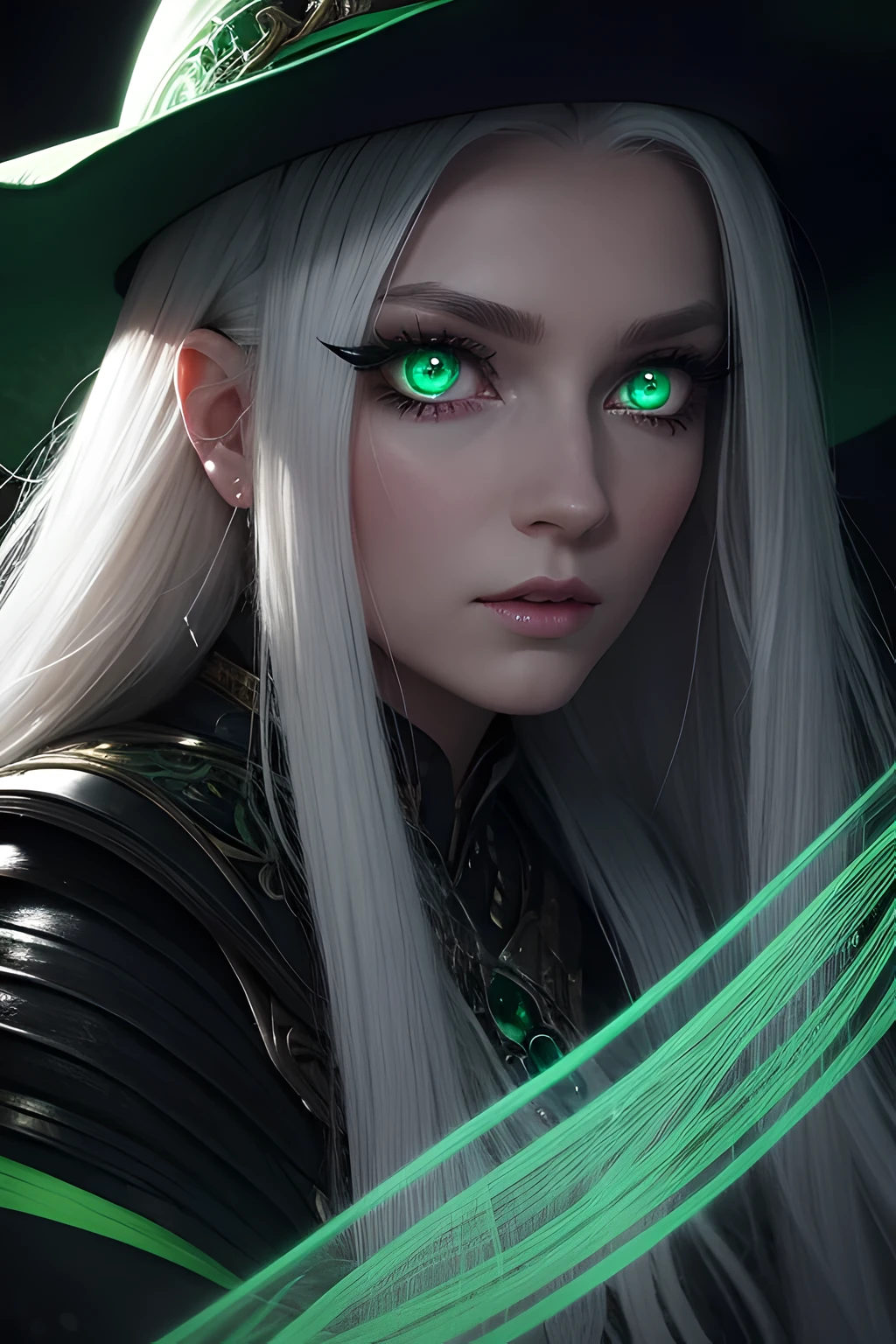 close-up, fantasy, A woman with long flowing white hair and brightly glowing green eyes., eyes wide open, lush eyelashes