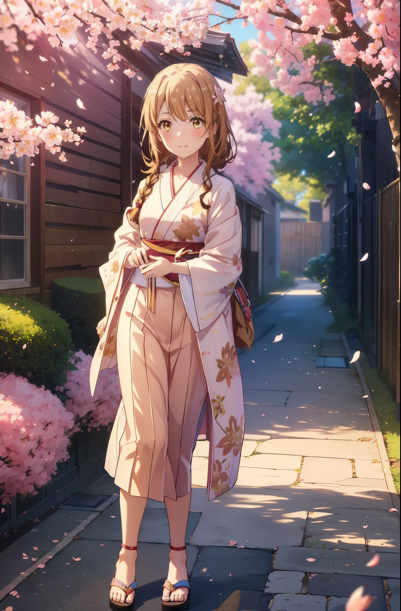 irohaisshiki, iroha isshiki, long hair, short braided hair,headlock,cherry blossom hair ornament,brown hair, (brown eyes:1.5), smile,blush,yellow floral pattern yukata,Zori sandals,Cherry blossom tree-lined path,cherry blossoms are blooming,Cherry blossoms are scattered,noon,spring,pink scenery,walking,
break outdoors, garden,
break looking at viewer,
break (masterpiece:1.2), highest quality, High resolution, unity 8k wallpaper, (figure:0.8), (detailed and beautiful eyes:1.6), highly detailed face, perfect lighting, Very detailed CG, (perfect hands, perfect anatomy),