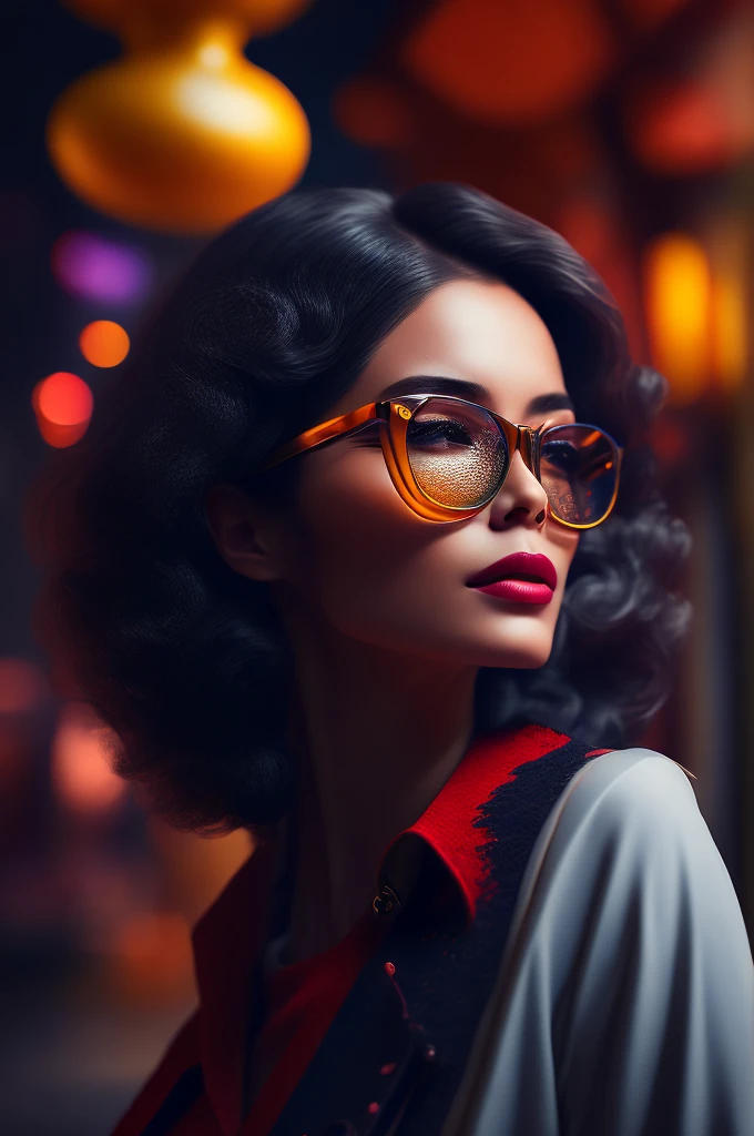 (retrato fashionista REALISTA, uma mulher francesa, mais velha, idosa, rosto europeu, imagem rica em detalhes, with yellow glasses, 1950s with intricate colorful, modern vintage glasses), uma pintura fotorrealista de Derek Zabrocki, cabelo com flores colorful, expression would be, (fotografia digital extremamente detalhada: 1.2), Standing in the middle of the city, (((corpo inteiro))), imagem crua,, Hasselblad, 50asa, f8, 12 millimeters, efeitos de brilho, Raios de Deus, handdrawn, prestar, 8k, octan render, Cinema 4D, liquidificador, Escuro, atmospheric 4k ultra detailed, cinematic sensual, sharp focus, Very serious illustration great depth of field, obra-prima, cores, 3d octane render, 4k, arte conceitual, trending in the artstation, hiper realista, cores vivas, Anel luminoso, extremamente detalhado CG unidade de papel de parede 8k, trending in artstation, trend in CGSociety, estilo Pop Art por Yayoi Kusama, intrincado, alto detalhe, Dramatic , energia pura, light particles, scientific fiction