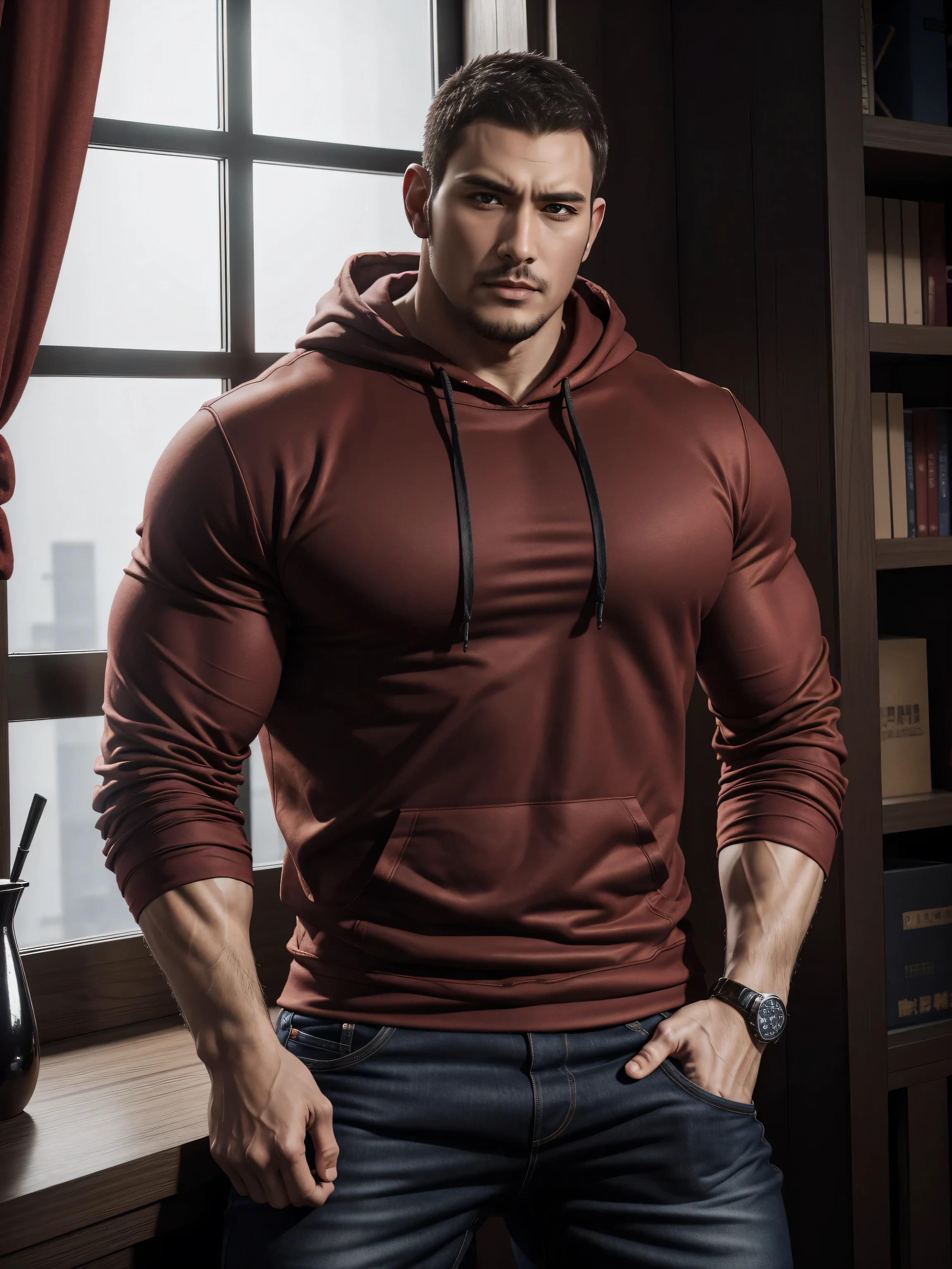 Tall giant muscular肌肉男，红色和黑色连帽Sweatshirt，Sweatshirt，jeans，character concept（Resident Evil - chris redfield，chris redfield）proud expression，Deep and charming eyes，heroic male pose，高大burly，muscular！muscular大腿，tough guy，perfect facial features，High, burly, Heqiang， Super gain and cool， high resolution committee，Charming strong man，The bright sunshine shines on you through the window