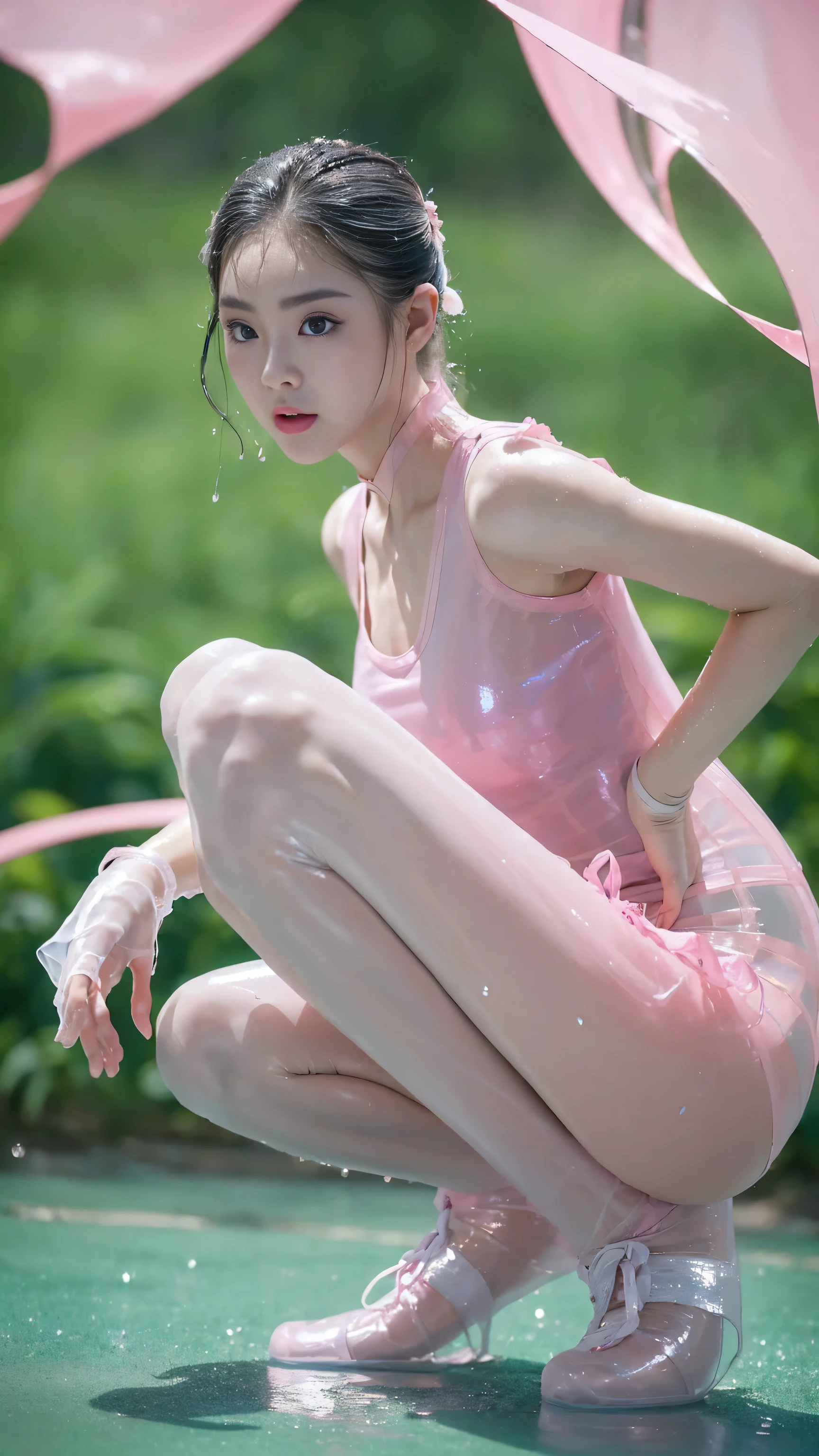 fashion model 18 years old [[[[特写乳ditch]]]], [[[[]]]], [[[[rape]]]], [[[[Shoulder]]]], perfect eyes, perfect iris，perfect lips，perfect teeth，Perfect skin，full细节的皮肤，long face，slender nose，girl，（(Chinese ballet dancer:1.4)），（(((Keep your feet apart，squatting position:1.4)))），（(((legs apart:1.4)))），((Raise your hand，put it behind your head:1.4))，（Chinese ballet dancer的脸:1.4），（Chinese ballet dancer的头型:1.4），(((Pink transparent clip:1.4)))，A delicate face，（(((Body facing camera:1.4)))），（((wet身，wet头发，wet脸，wet腿，wet乳房:1.4))），（((Keep your eyes on the camera：1.4))），big breasts，Raised sexy，Focus on the belly button，Sexy long hair，(Sexy ballerina face,full细节，full，very sexy：1.4），(sexy eyes,full的眼神:1.4)，（sexy Shoulders），(sexy legs:1.4)，breast enlargement，show your neck，Off the Shoulders，ditch，(Expose the thighs，wet的，very sexy:1.4)，Navel exposed，show your feet，Hidetoshi，bare arms，（(Hidetoshi，luster，legs shiny，shining feet，very sexy，wet:1.4))，hip fat，Show leg length，Beautiful bright pink shoes，（full-body shot），green background，flowers，4K Ultra HD, ultra high resolution, (lifelike: 1.4), best quality，masterpiece，（pastel colors：1.2），prospect，（(((bottom front view:1.4))))