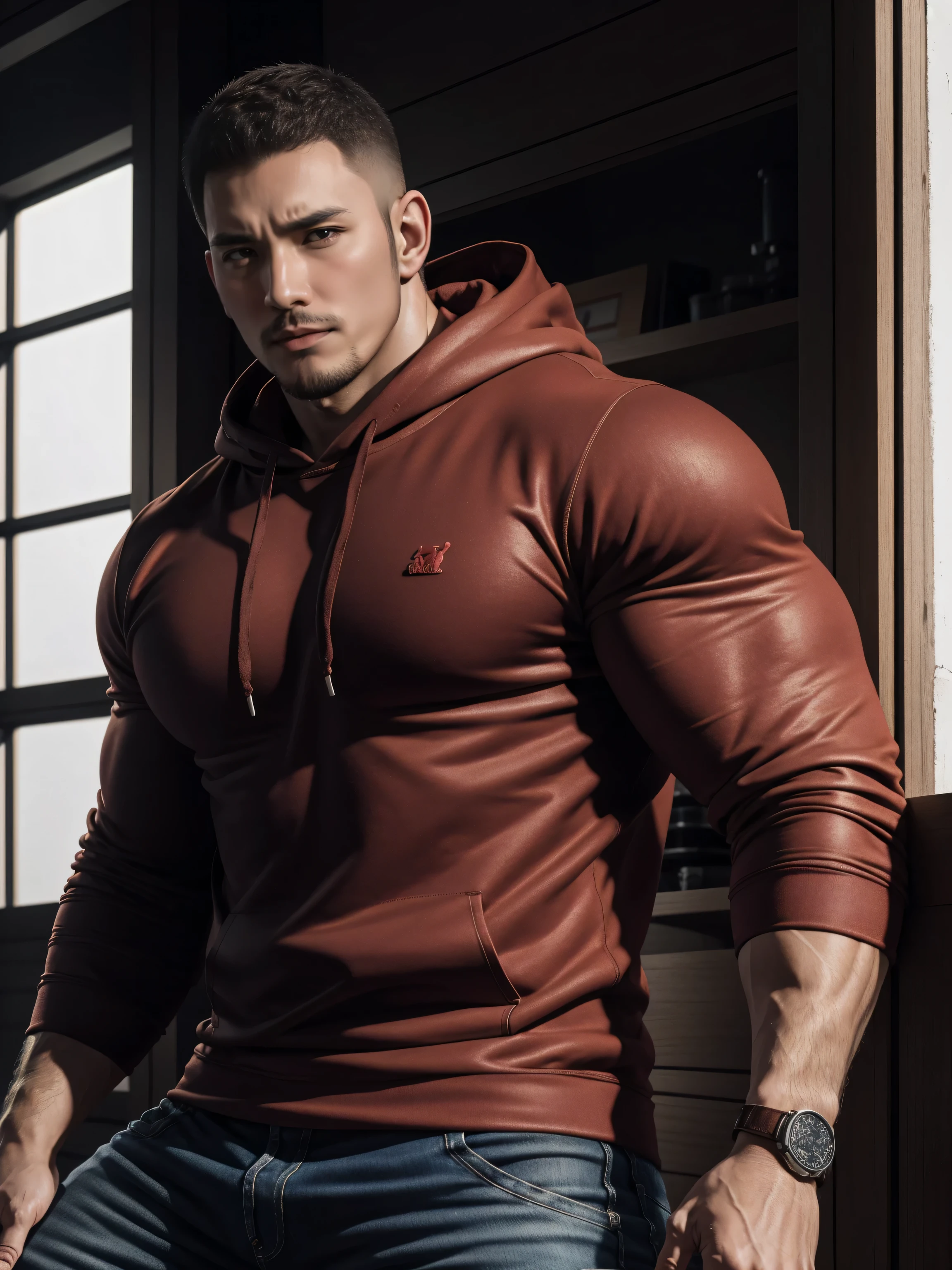 Tall giant muscular肌肉男，红色和黑色连帽Sweatshirt，Sweatshirt，jeans，character concept（Resident Evil - chris redfield，chris redfield）proud expression，Deep and charming eyes，heroic male pose，高大burly，muscular！muscular大腿，tough guy，perfect facial features，High, burly, Heqiang， Super gain and cool， high resolution committee，Charming strong man，The bright sunshine shines on you through the window