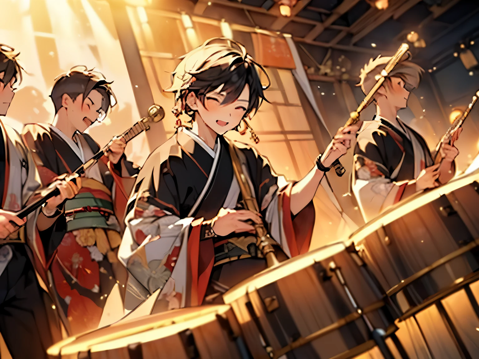Anime characters in traditional japanese clothing playing musical 