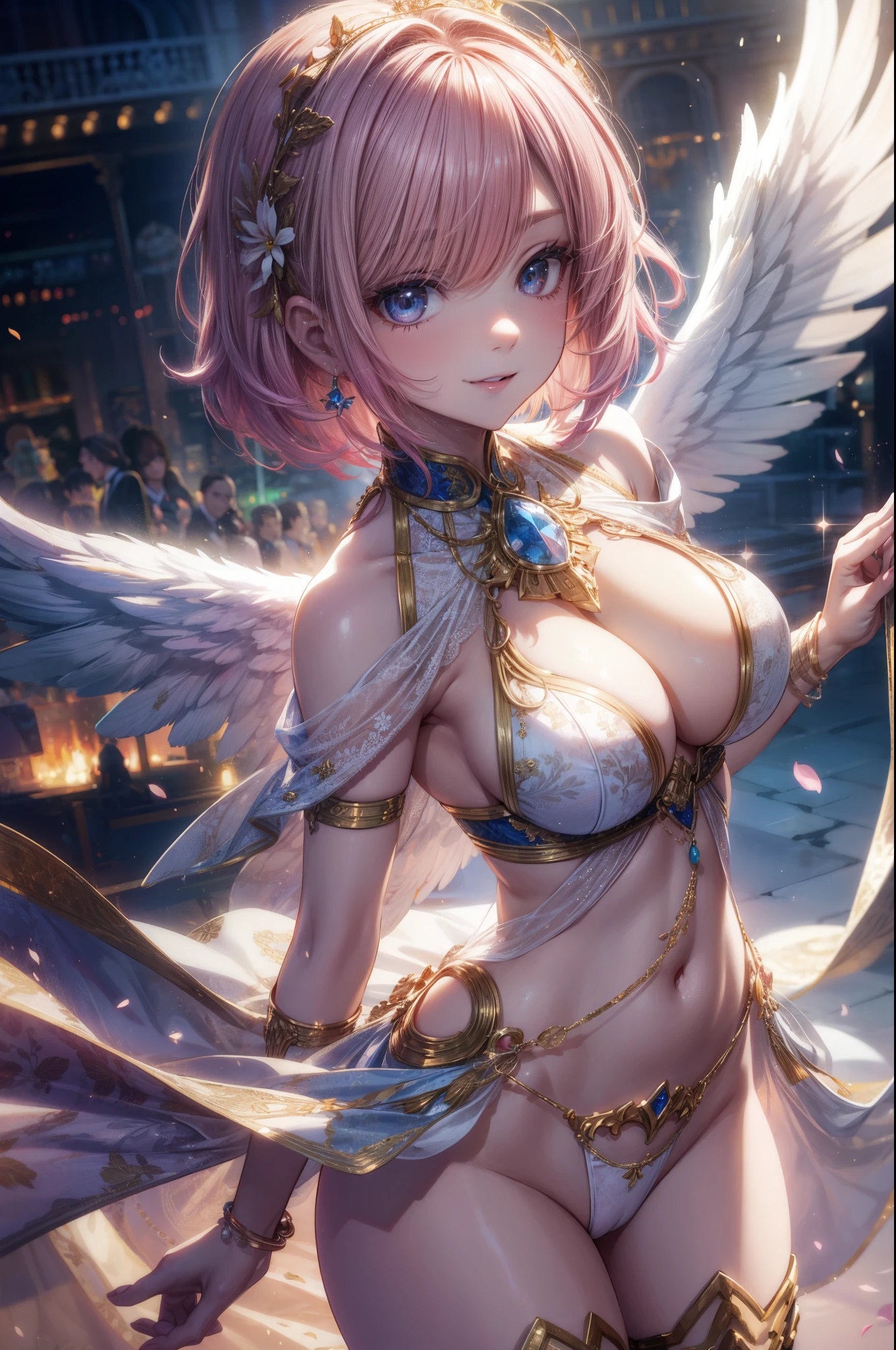 ((beautiful woman in angel costume)), break,  sexy, skindentation, ((highest quality)), ((masterpiece)), (familiar), perfect face, 8k , break, short hair, ((pink hair)), bob cut, black eye, beautiful princess, (smile), silver color costume, medium breasts, (dynamic pose), (visible nipples), camel toe, sexy,