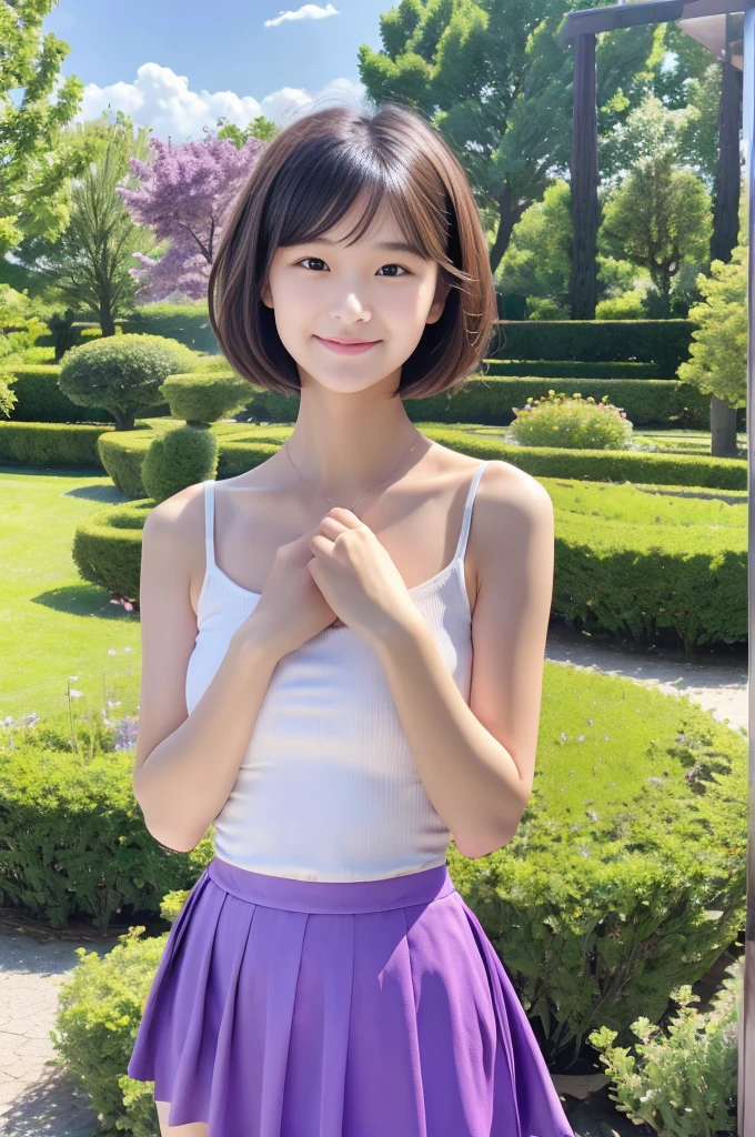 20-year-old girl, short detailed hair, There are pear swirls on the face, Pouting and smiling, Purple skirt, trpical garden, There are houses in the background.