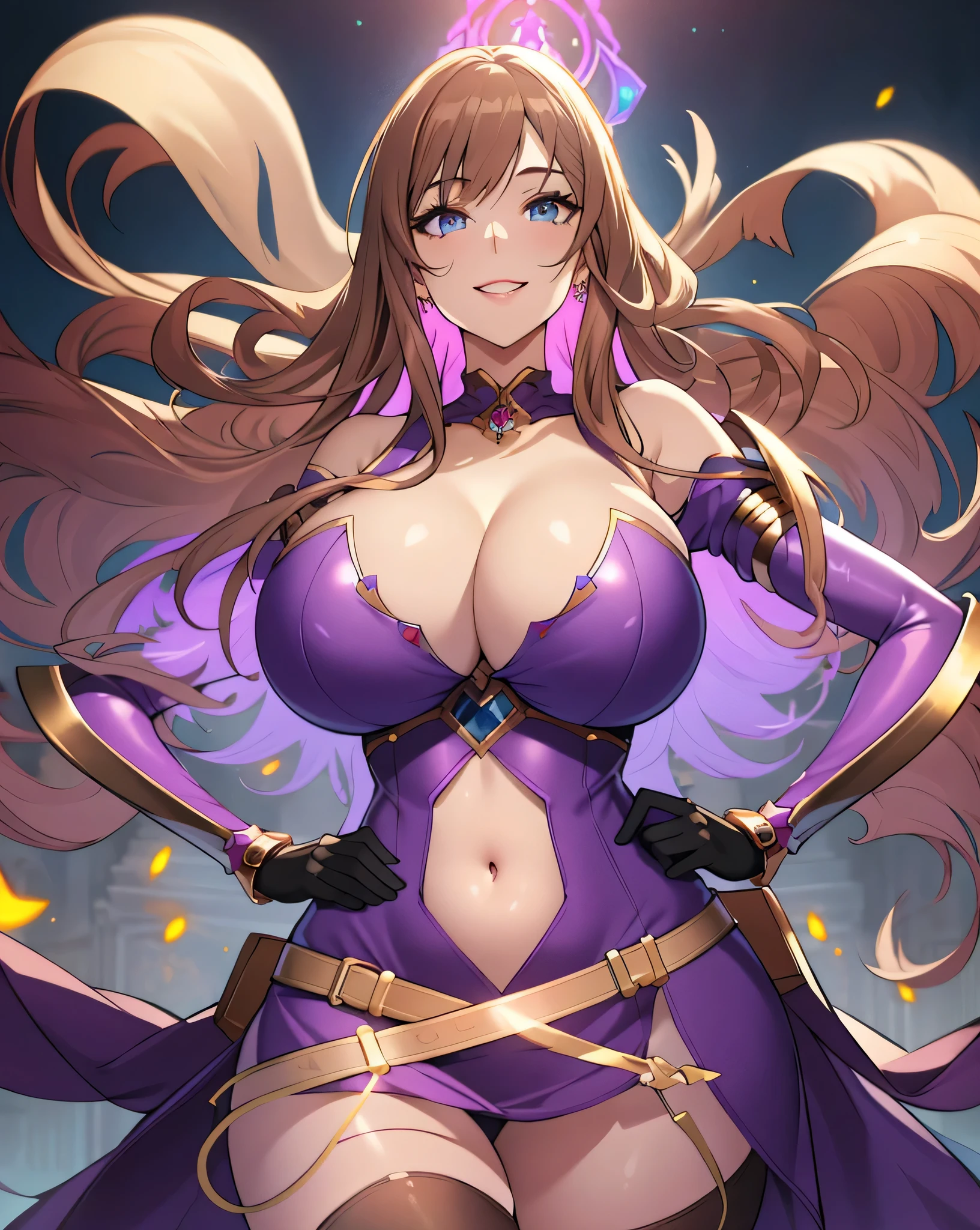 olga discordia, light brown hair, hair stick, bangs, blue eyes, solo, smiling, standing, upper body, hips, bare shoulders,purple thighhighs, violet dress, gold jewelry,armor,gloves,circlet, cleavage, red and gold royal castle, gigantic breasts, (best quality, masterpiece, beautiful and aesthetic:1.2, highest detailed face, perfect face,)  eyes, perfect face,expressive eyes,
looking at viewer, in the center of the image,(Upper_body),(Focus on her face),
official art,extremely detailed CG unity 8k wallpaper, perfect lighting,Colorful, 
(masterpiece:1.0),(best_quality:1.0), ultra high res,4K,ultra-detailed
