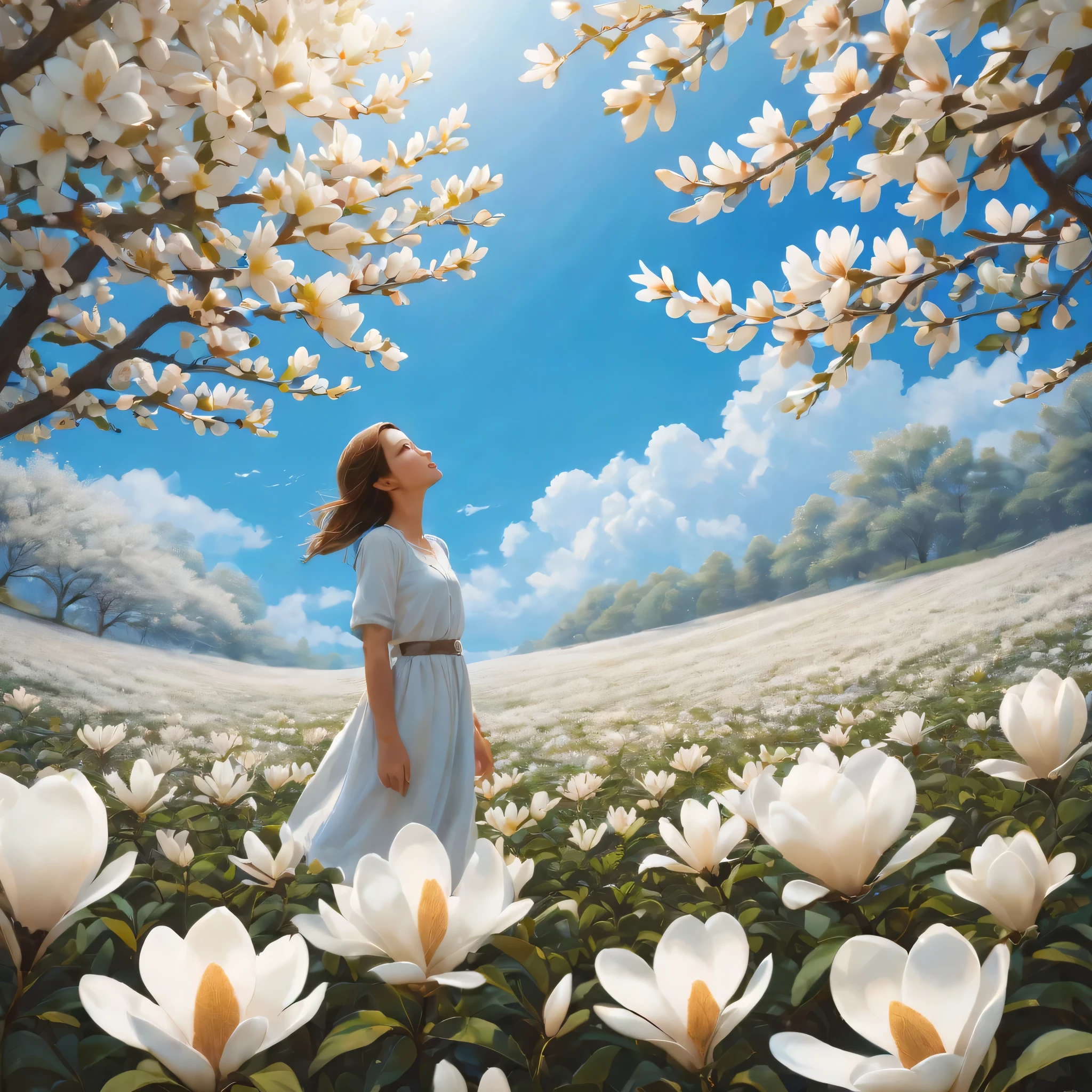 Landscape photo of vast white flower field, A girl standing in a flower field and looking up at the blue sky, white magnolia flower,Artistic Graphic Arts