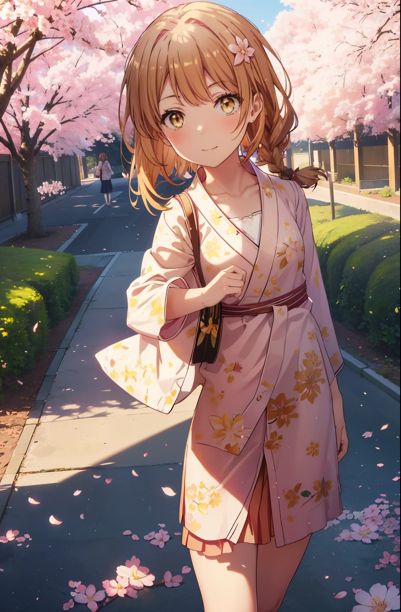 irohaisshiki, iroha isshiki,1girl girl, long hair, short braided hair,headlock,cherry blossom hair ornament,brown hair, (brown eyes:1.5), smile,blush,yellow floral pattern yukata,Zori sandals,Cherry blossom tree-lined path,cherry blossoms are blooming,Cherry blossoms are scattered,noon,spring,pink scenery,walking,
break outdoors, garden,
break looking at viewer (cowboy shot:1. 5)
break (masterpiece:1.2), highest quality, High resolution, unity 8k wallpaper, (figure:0.8), (detailed and beautiful eyes:1.6), highly detailed face, perfect lighting, Very detailed CG, (perfect hands, perfect anatomy),