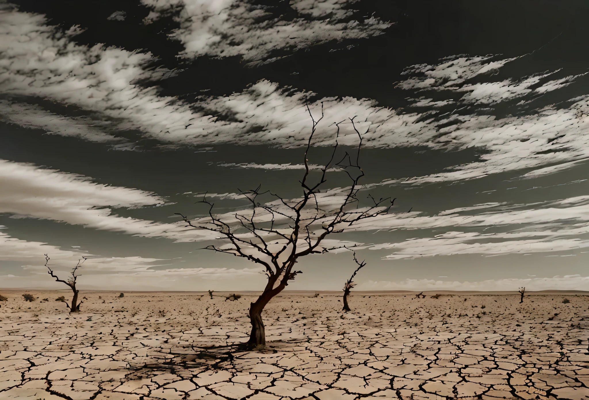 There are some dry tree branches in the middle of a dry field., Barren dry land, Desierto seco, drought, Paisaje seco, Tierra desolada , barren landscape, Arid desert landscape, desolated wasteland, paisaje desolado del desierto, Tierra desolada, desolate empty wasteland, fondo oscuro del desierto, barren wasteland, lecho de lago seco agrietado, tierra agrietada, empty desert, cielo soleado, calor intenso, cielo sin nubes