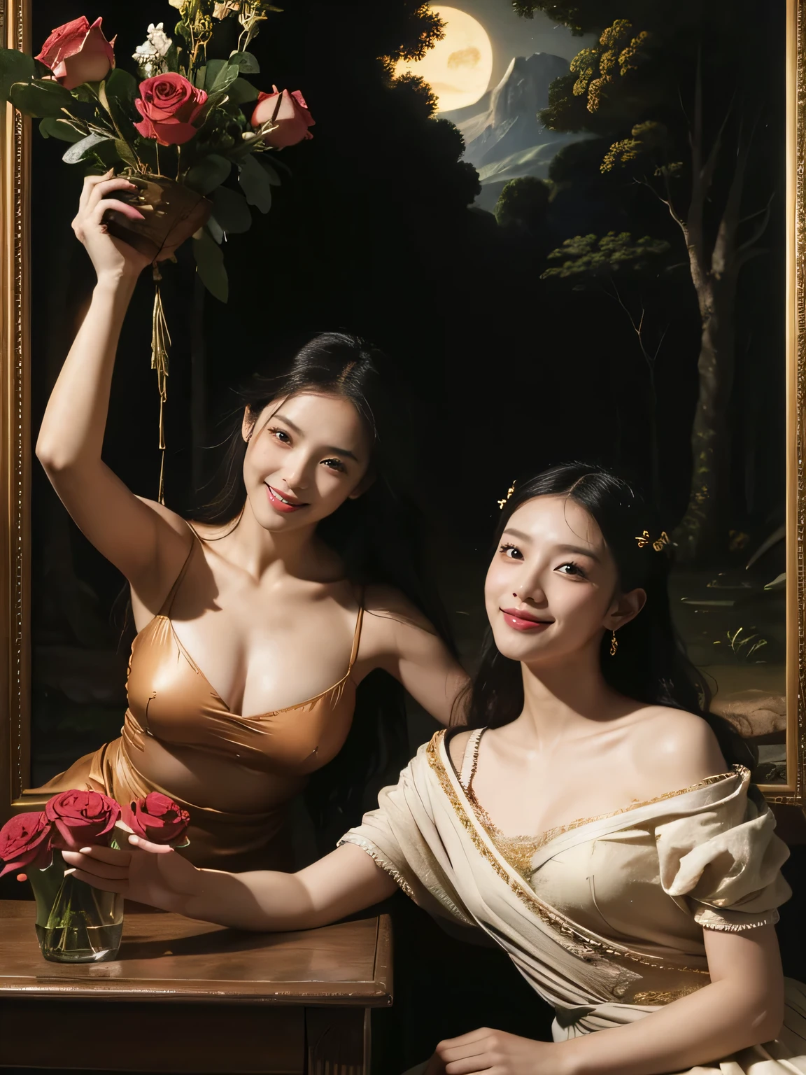 Giorgione painting style,Arguments of two female Philosophe,math、astronomical machine、astronaut、roses in vase、fruits、Cute trinkets、smile、ancient greek costume、Background is a forest lake at night 、Clothes that stretch your shoulders、A big smile、beautiful bare skin、A detailed representation of the seducing woman throughout her body.full body portrait, Ancient Roman ruins, Poussin-style landscape at night, A smile, , Sweet and seductive appearance.、Caravaggio's paintings、Chiaroscuro of Caravaggio、Hair disheveled in the wind, Two women frolicking, Cute smile, Expression of , A sexy, Er the Erotic Propected