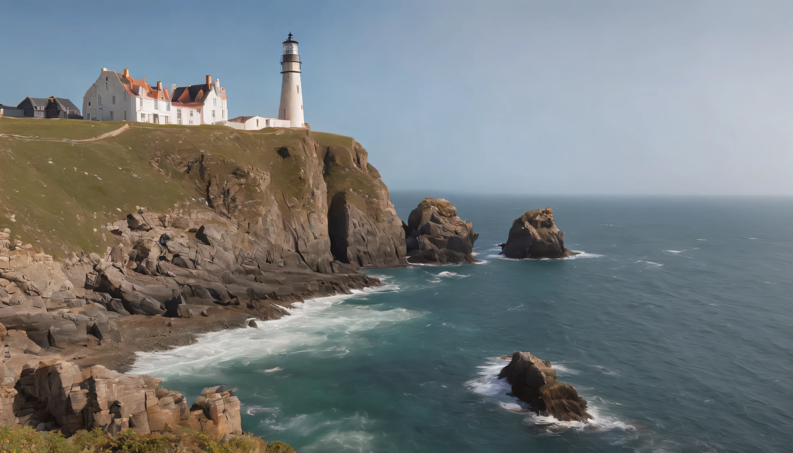 (Highly detailed CG Unity 8k wallpaper、masterpiece、highest quality、Super detailed)、(best lighting、best shadow、very delicate and beautiful)、highest quality、8k、Detailed facial depiction、masterpiece、highest quality、clear image quality、
A photo of Brittany's rock formations and lighthouse taken from the train window。
