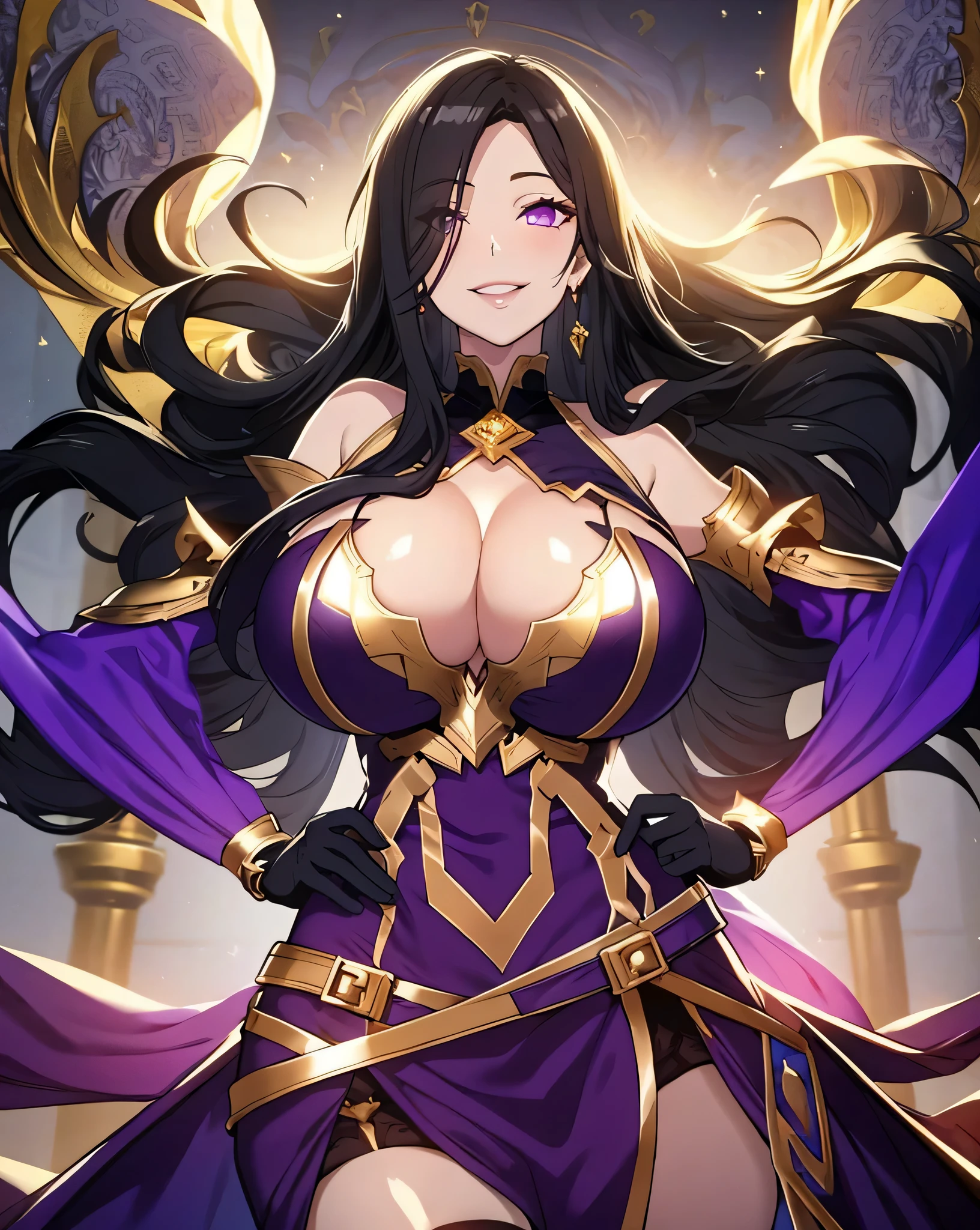 Lian, long black hair, hair stick, bangs, violet eyes, solo, smiling, standing, upper body, hips, bare shoulders,purple thighhighs,violet dress, gold jewelry,armor,gloves,circlet, cleavage, red and gold royal castle, gigantic breasts, (best quality, masterpiece, beautiful and aesthetic:1.2, highest detailed face, perfect face,)  eyes, perfect face,expressive eyes,
looking at viewer, in the center of the image,(Upper_body),(Focus on her face),
official art,extremely detailed CG unity 8k wallpaper, perfect lighting,Colorful, Bright_Front_face_Lighting,shiny skin, 
(masterpiece:1.0),(best_quality:1.0), ultra high res,4K,ultra-detailed
