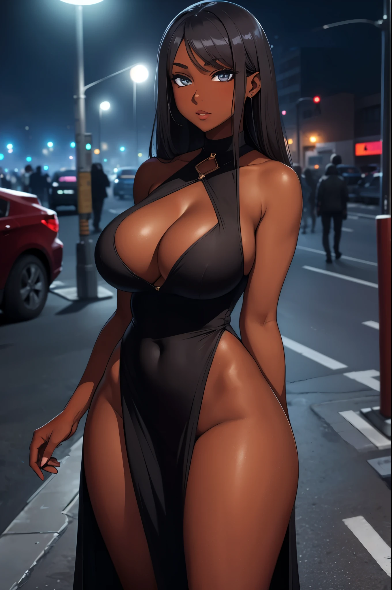 1 hot girl, dark skin, high-slit dress, low-cut cleavage, halter, thigh cleavage, street sidewalk, fog, night city