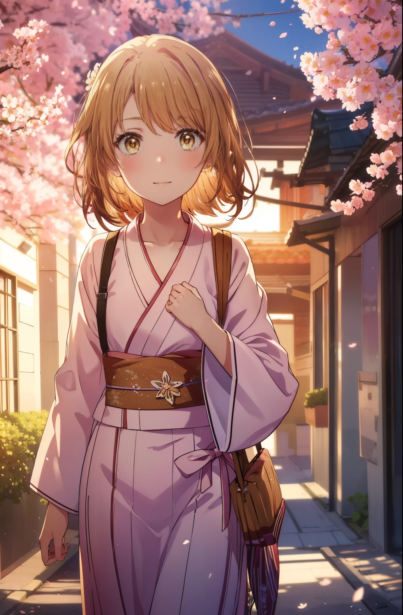 irohaisshiki, iroha isshiki,1girl girl, long hair, short braided hair,headlock,cherry blossom hair ornament,brown hair, (brown eyes:1.5), smile,blush,Yellow flower stem kimono,yukata,Zori sandals,Cherry blossom tree-lined path,cherry blossoms are blooming,Cherry blossoms are scattered,noon,spring,pink scenery,walking,
break outdoors, garden,
break looking at viewer (cowboy shot:1. 5)
break (masterpiece:1.2), highest quality, High resolution, unity 8k wallpaper, (figure:0.8), (detailed and beautiful eyes:1.6), highly detailed face, perfect lighting, Very detailed CG, (perfect hands, perfect anatomy),
