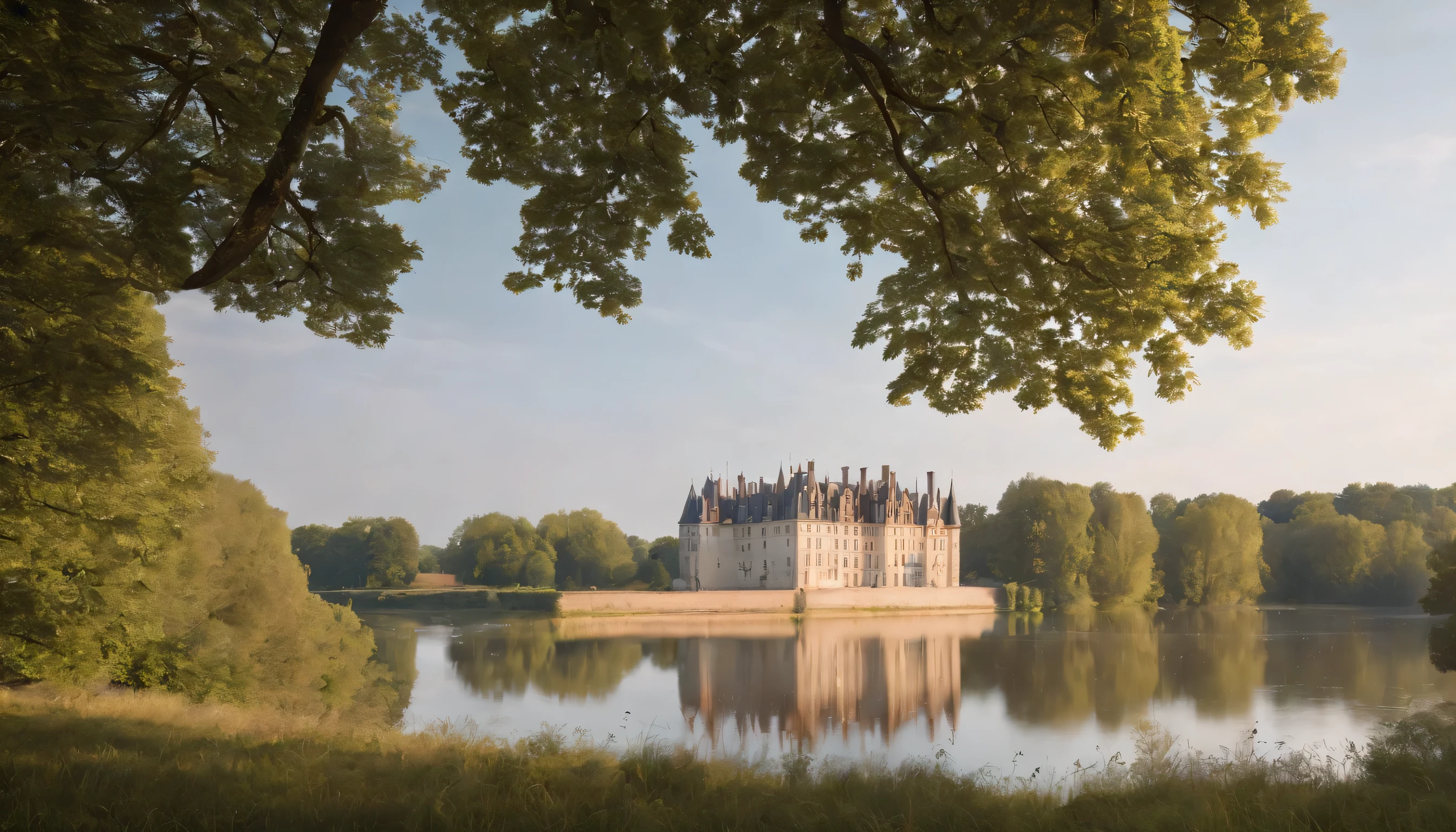 (Highly detailed CG Unity 8k wallpaper、masterpiece、highest quality、Super detailed)、(best lighting、best shadow、very delicate and beautiful)、highest quality、8k、Detailed facial depiction、masterpiece、highest quality、clear image quality、
A picture taken from the train window of the beautiful riverside scenery of the Loire Valley and the Château d'Ardoise..。