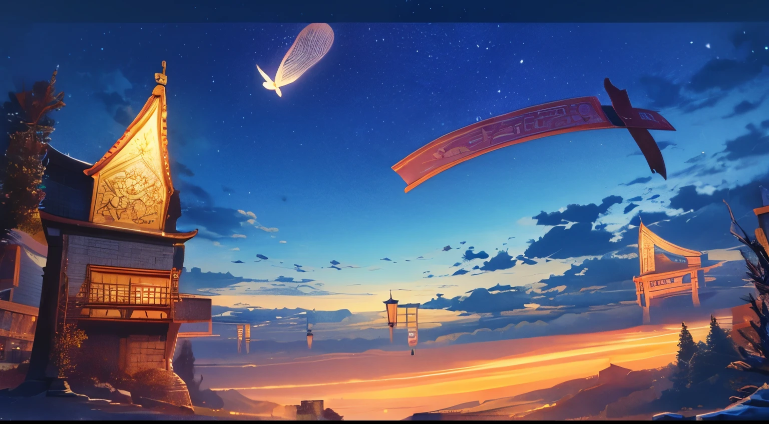night sky，moon，Many books，books，flying pages，lamp，Xin Haicheng，anime scenery