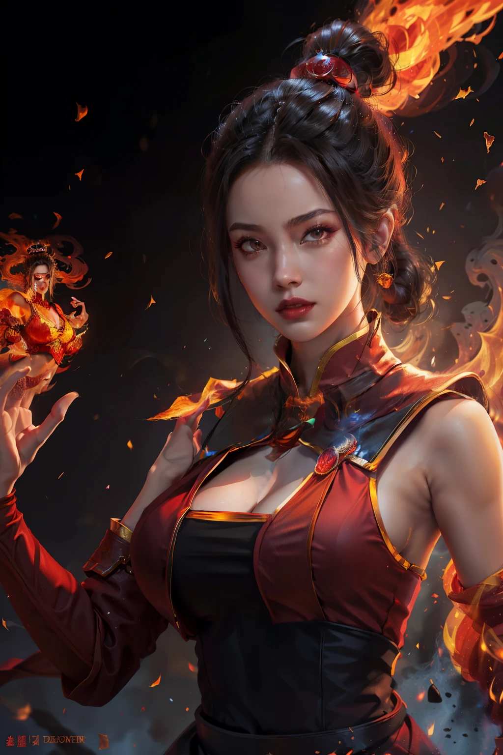 8k,Azula black hair, brown eyes,Sexy red Cheongsam Dress, fire bender , fire controlling, red and blue fire, princess azula big breast, detailed breast and fire